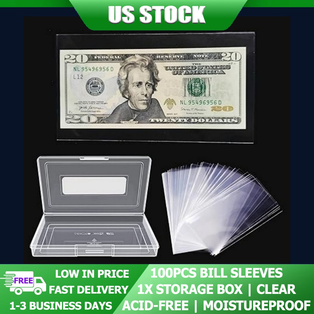 100 Pcs Clear Currency Sleeves W/Storage Case Dollar Bill Holders Protectors US