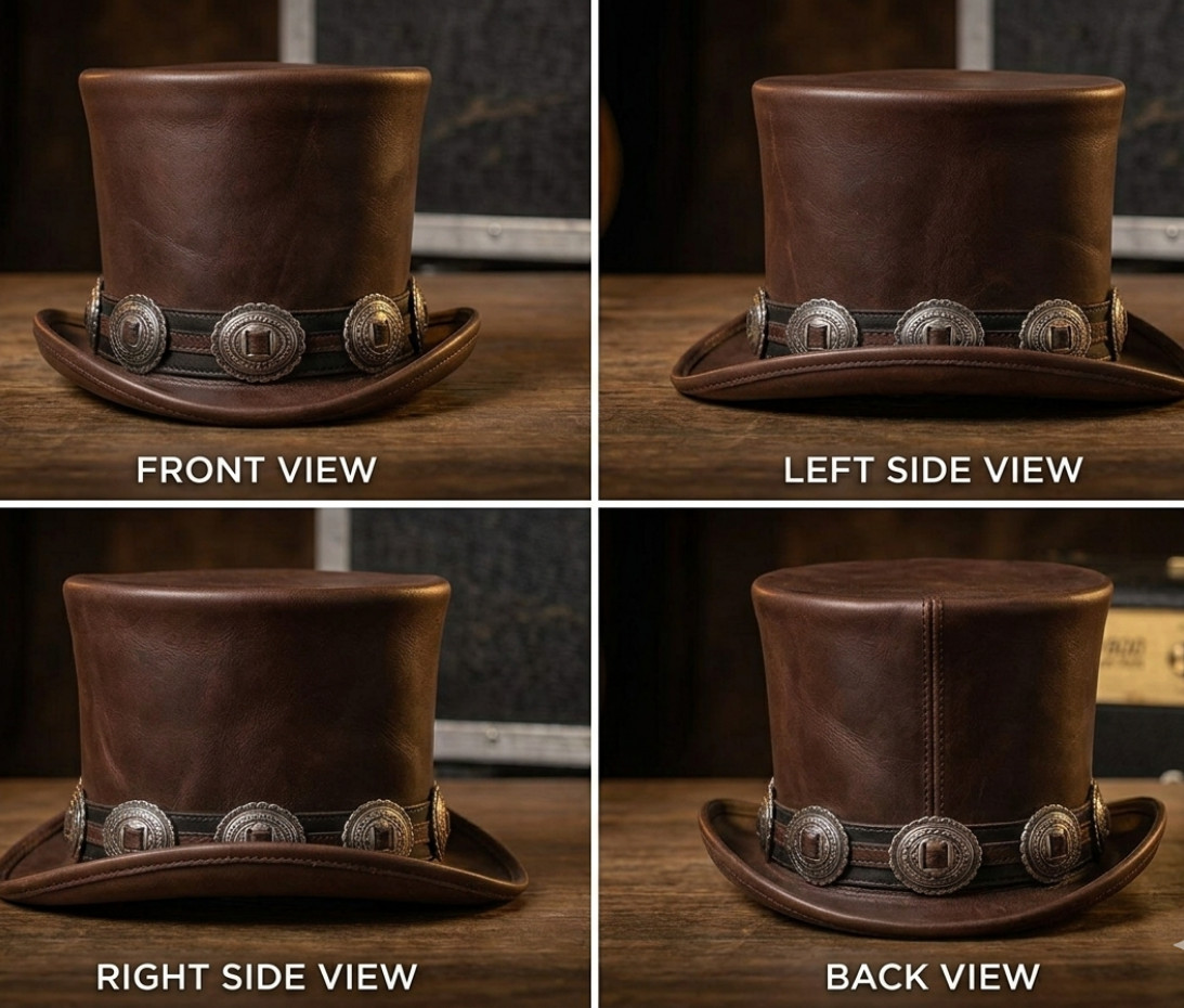 Rocker Style Brown Leather Top Hat with Vintage Silver Conchos Steampunk NEW HAT