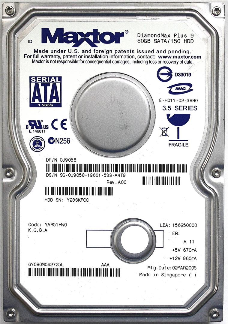 80gb sata/150 hdd diamondmax plus 9, 6y080m042725l (k,g,b,a) fy42a