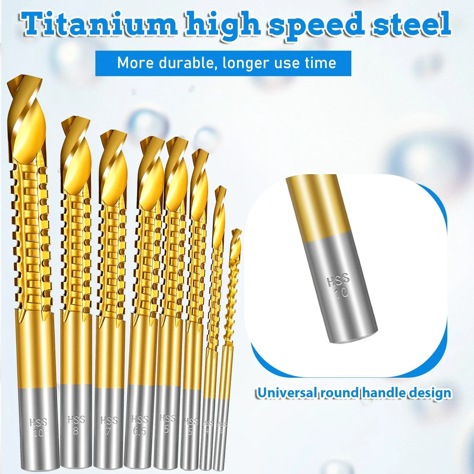 8 Pack Titanium Coated HSS Twist Drill Bits, 3-10Mm Serrated Side Cutting Drill