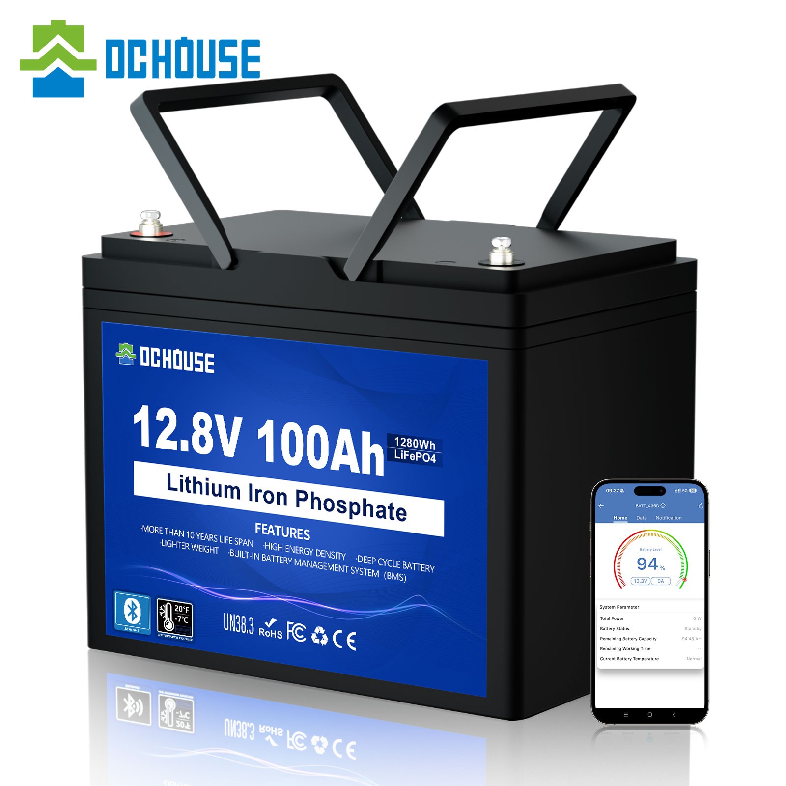 DC HOUSE 12V 100AH Lithium LiFePO4 Battery + BlueTooth + Low Temp Protection