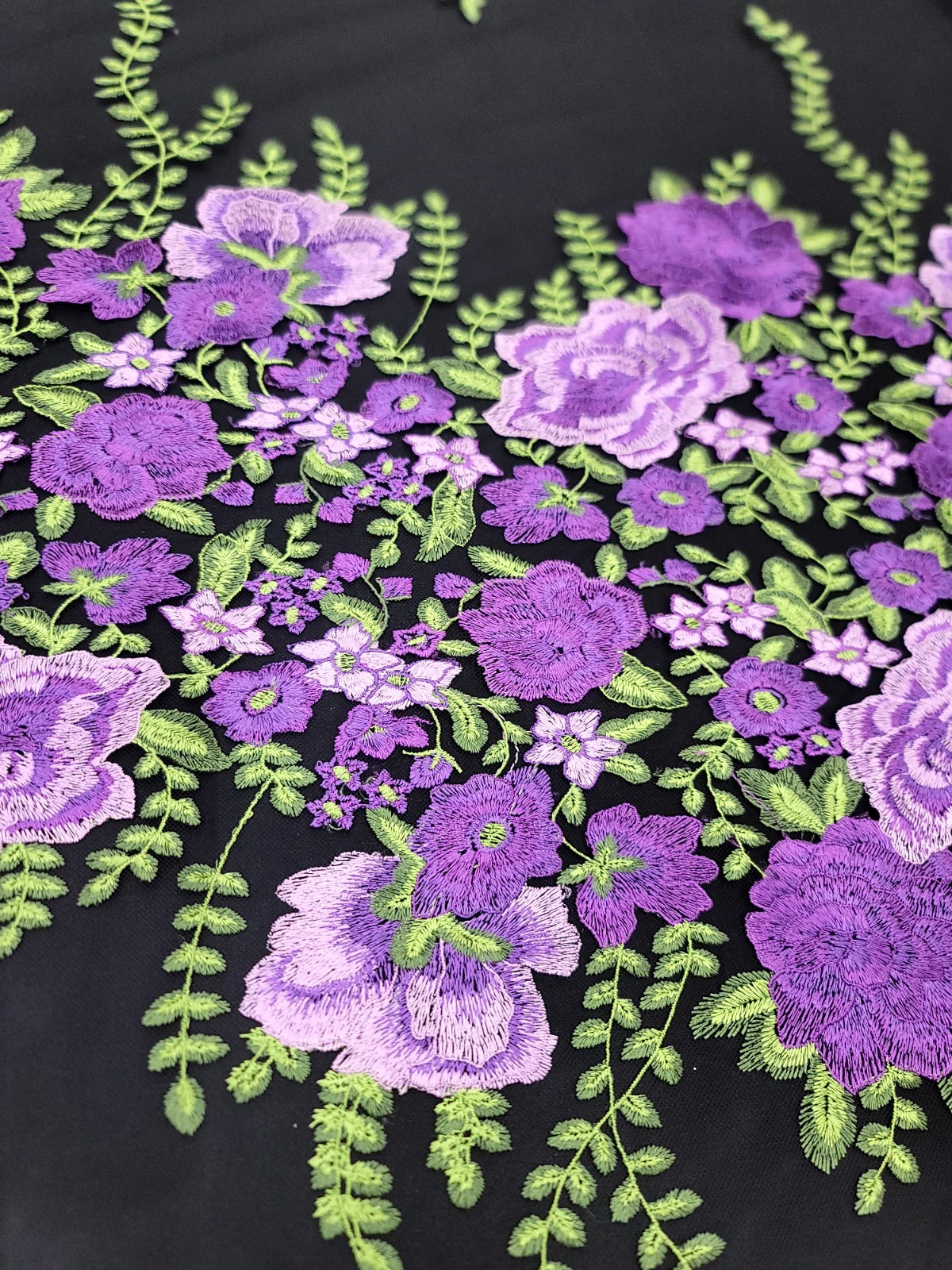Fabric Sold By The Yard Purple Embroidery Lace Floral Flowers on Black Mesh