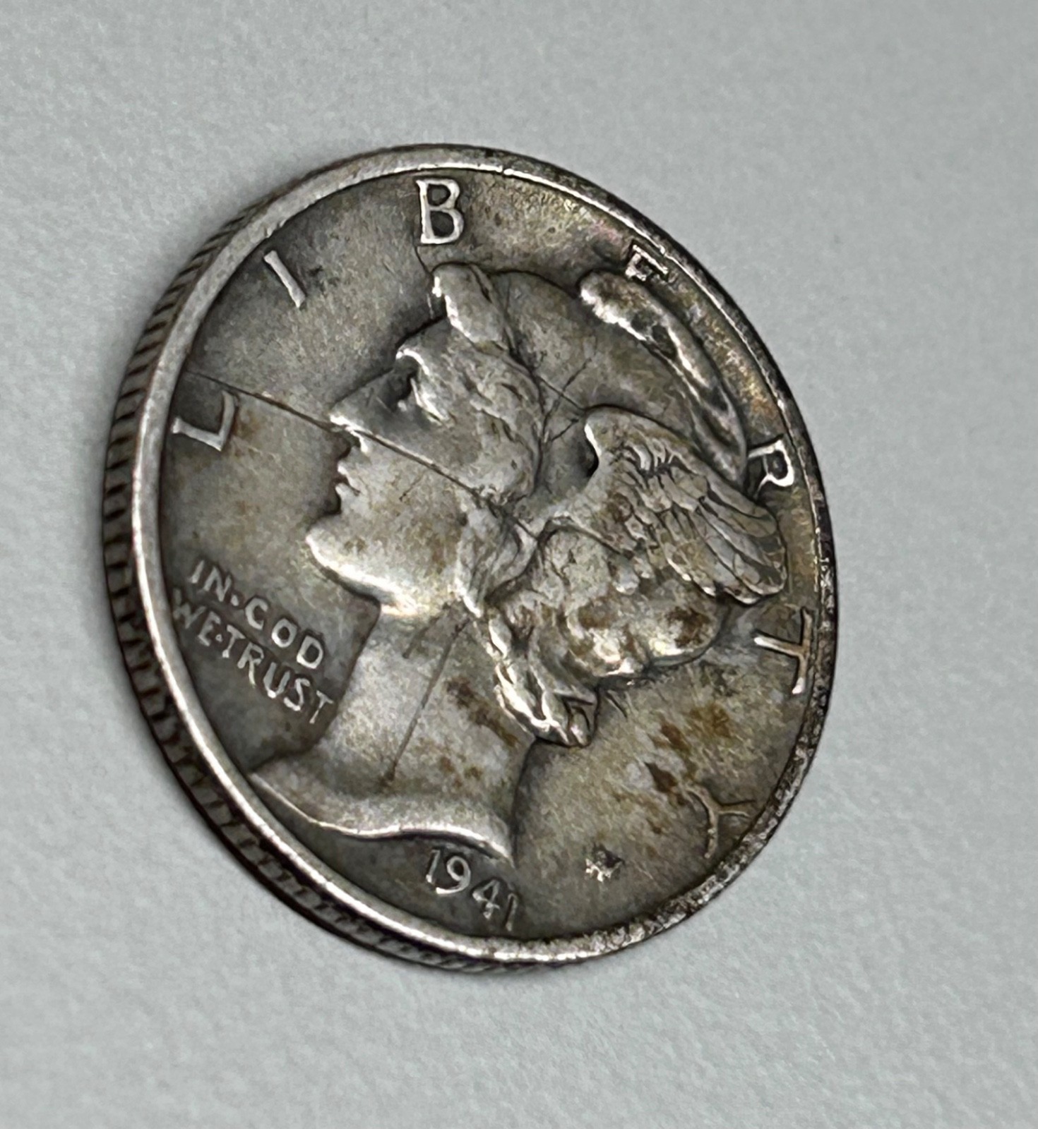 1941 D Mercury Dime Intersecting Lamination Die Crack Mint Error Silver 10C Coin