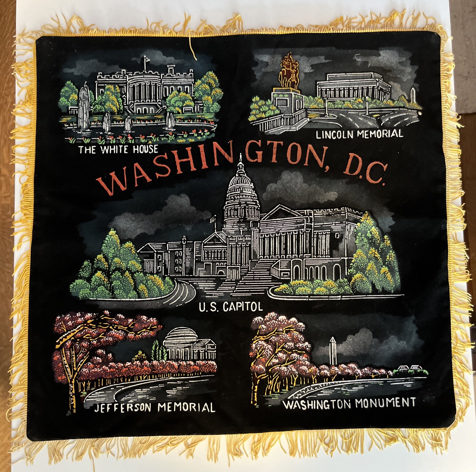 Vtg Washington DC Pillow Cover Souvenir Kitschy Black Velvet Sham Fringe Japan