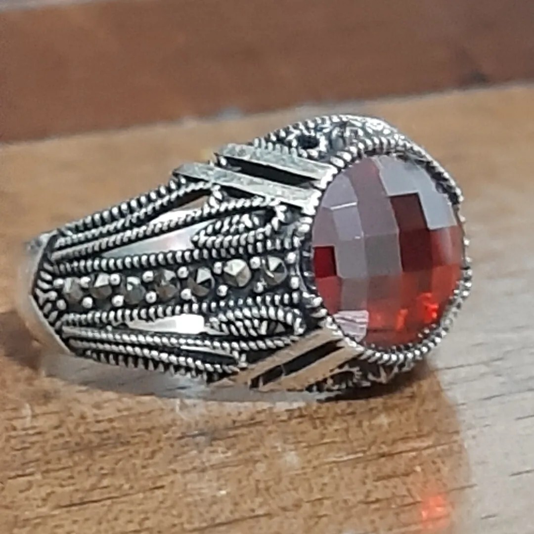 ANELLO ARGENTO 925 UOMO tormalina rossa solitario color rubino Ring Sterling $