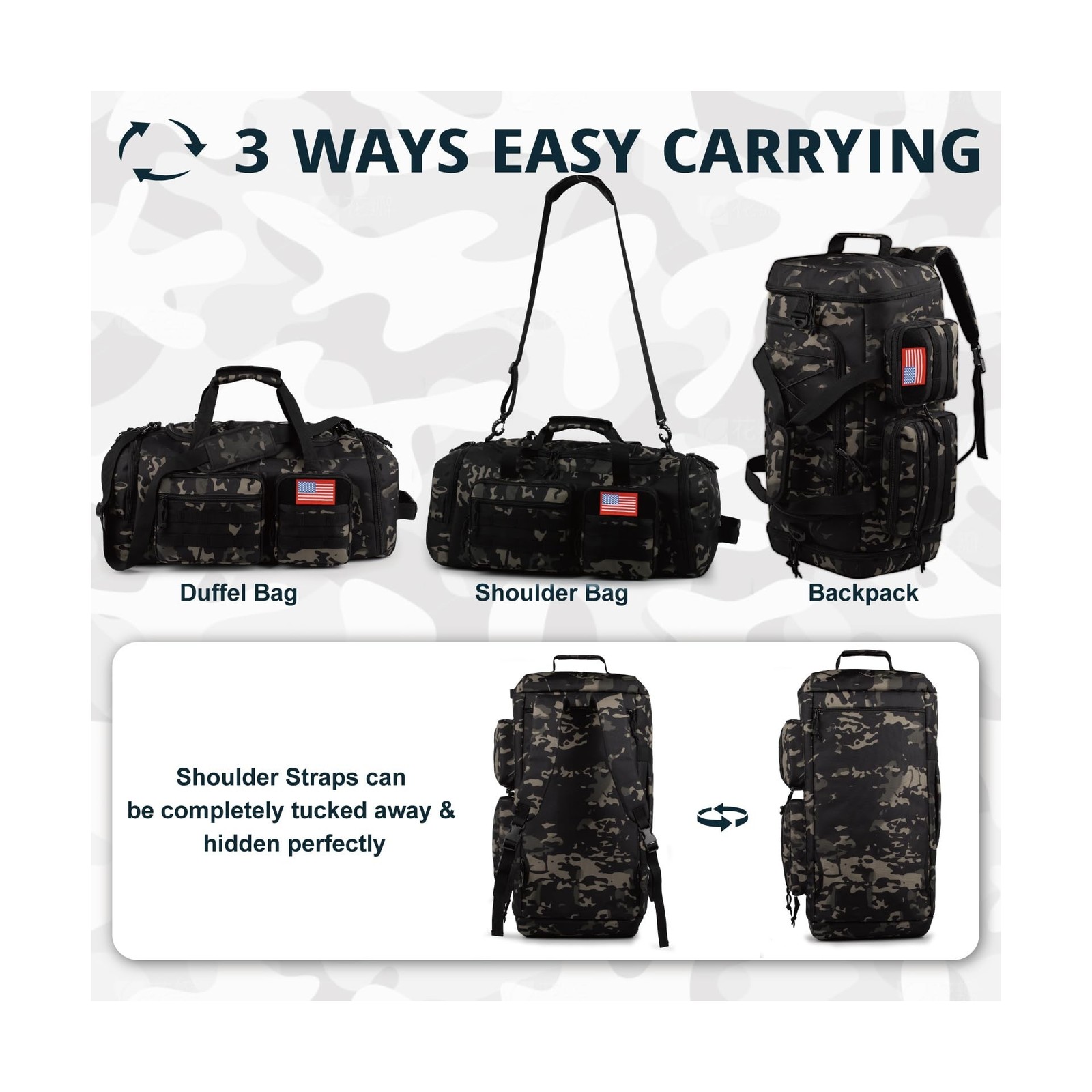Tactical Gym Bag for Men，70L Large 3 in 1 Sports Duffle Bag with Sh... Fa