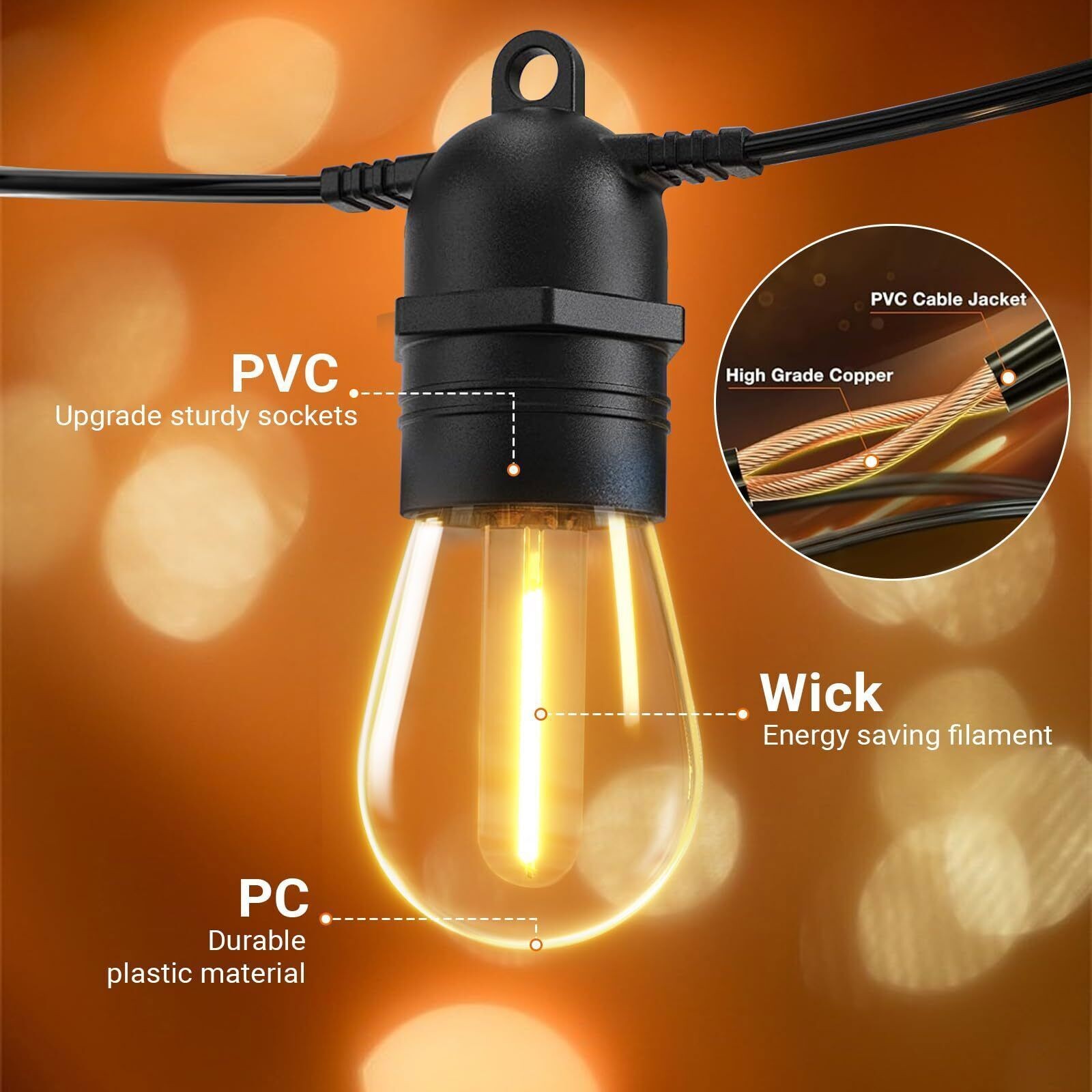 54ft 108ft String Lights S14 LED Shatterproof IP65 for Outdoor Garden Patio Yard