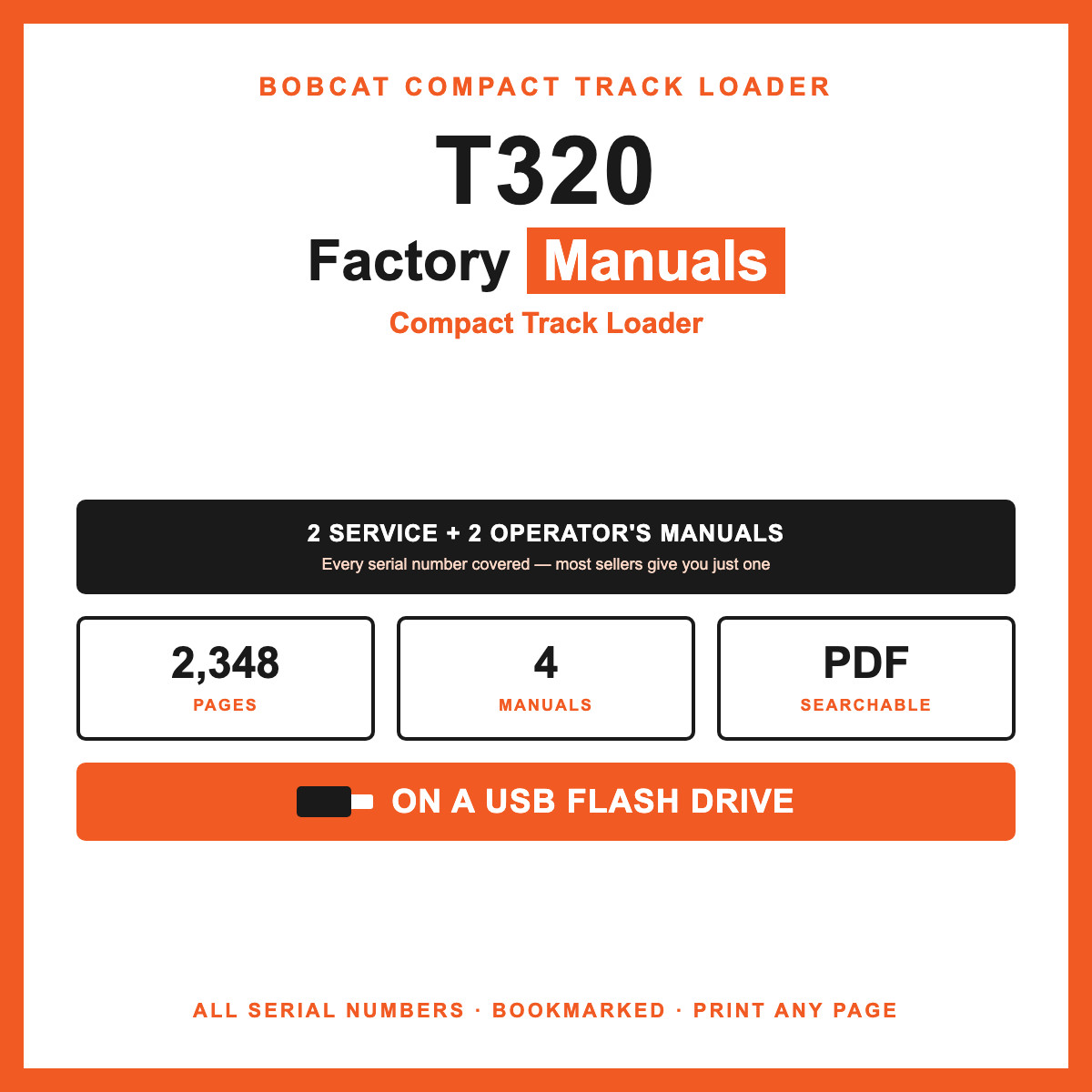 Bobcat T320 Compact Track Loader Service Repair Shop Operator Manual PDF USB