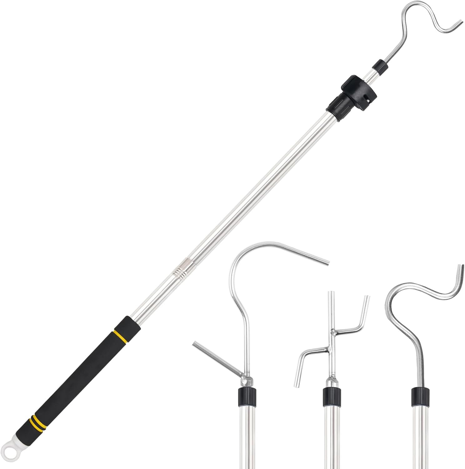 Clothes Hook Pole, High Reach Garment Hook 38“ - 63” Telescoping Pole with 3 Hoo