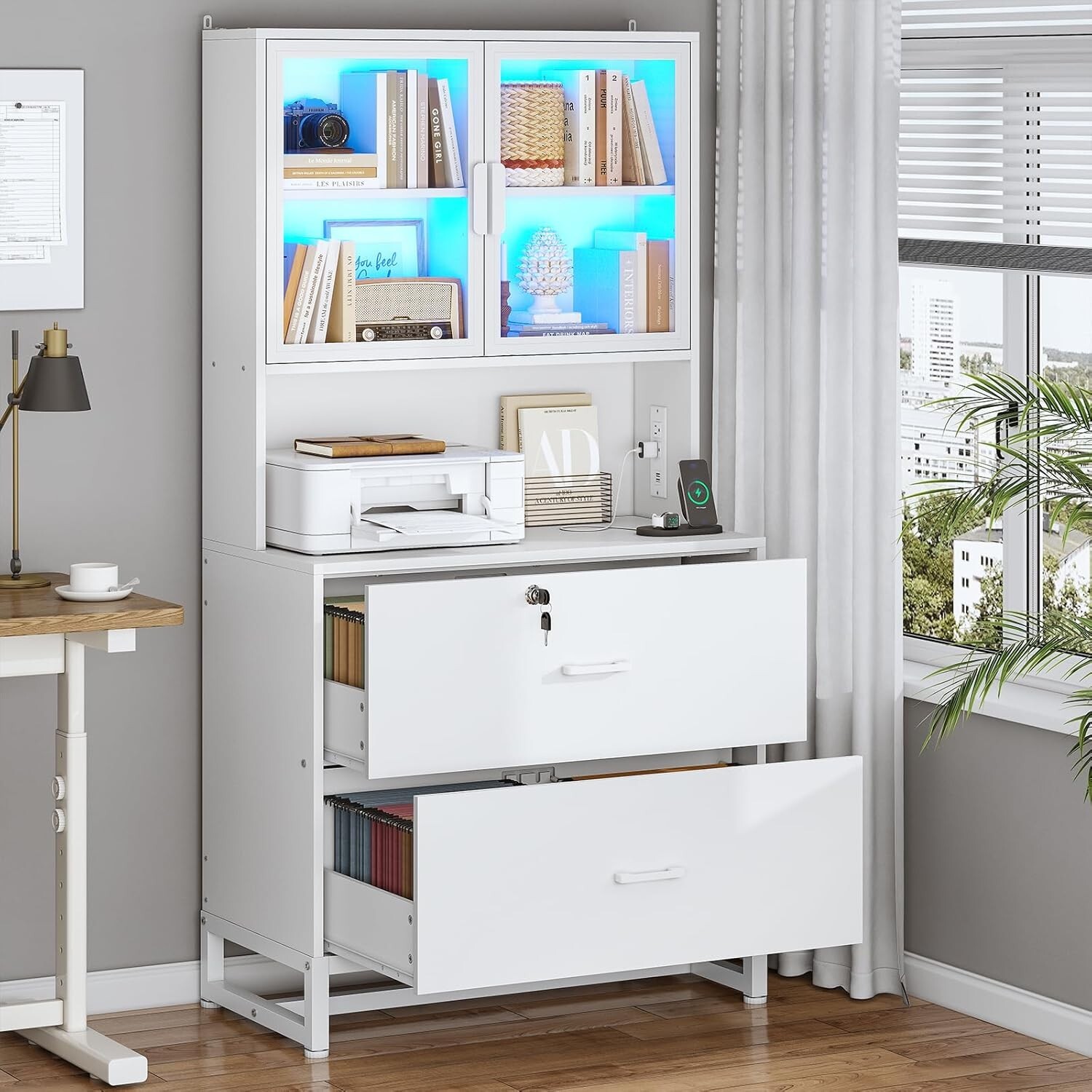 2 Drawer Office File Cabinet with Bookshelf, Printer Stand with Storage Shelf