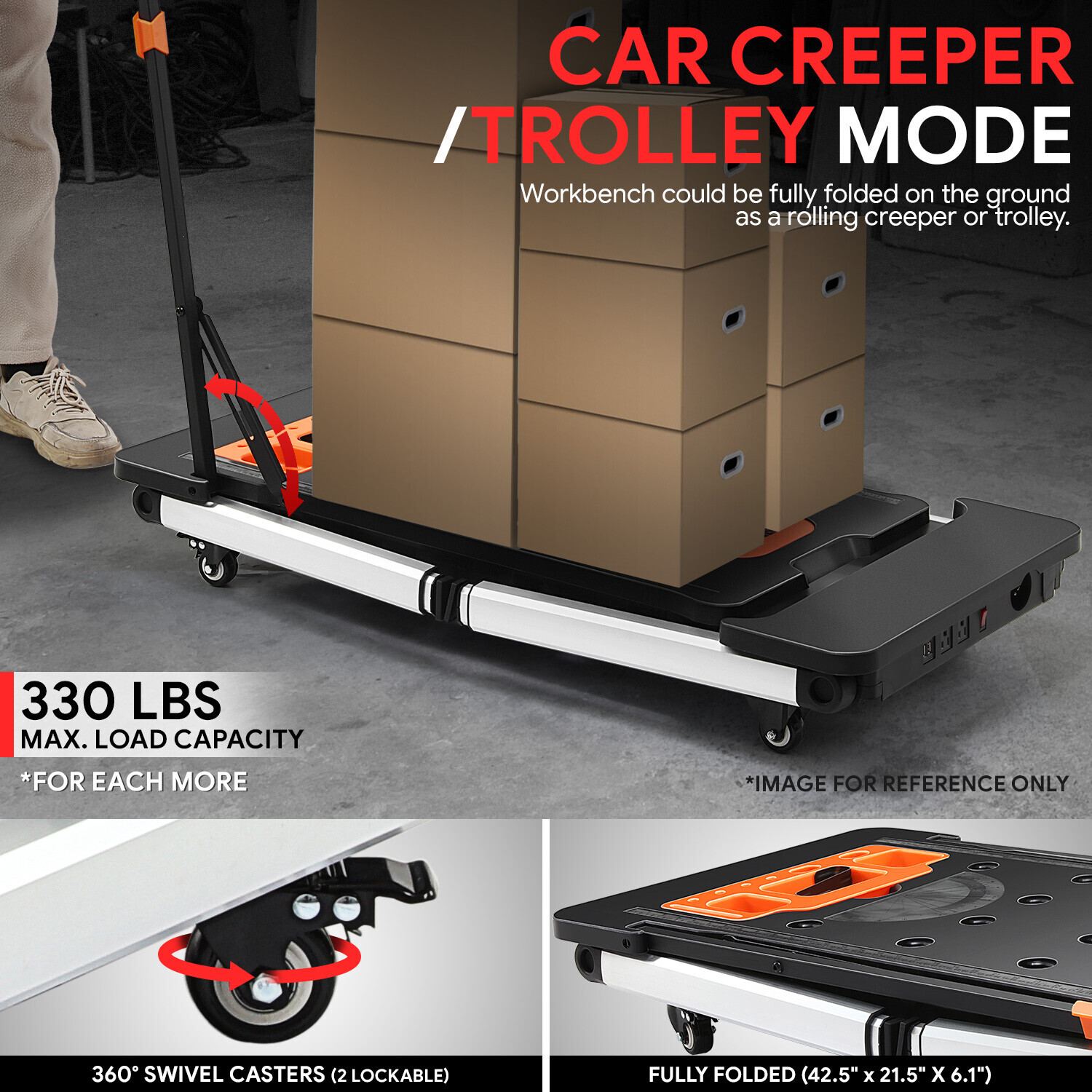220 LBS 7-In-1 Multifunctioanl Adjustable Foldable Work Bench w/ 4 Wheels Orange