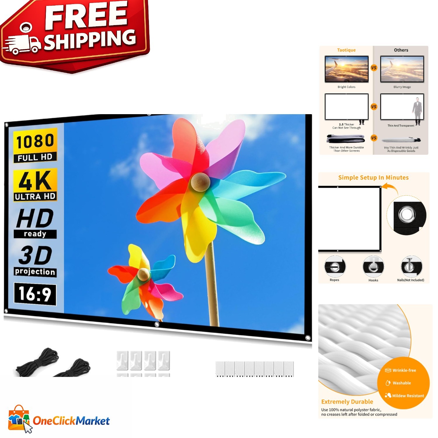 72-Inch Portable Projector Screen - Foldable, Anti-Crease, Double-Sided for I...