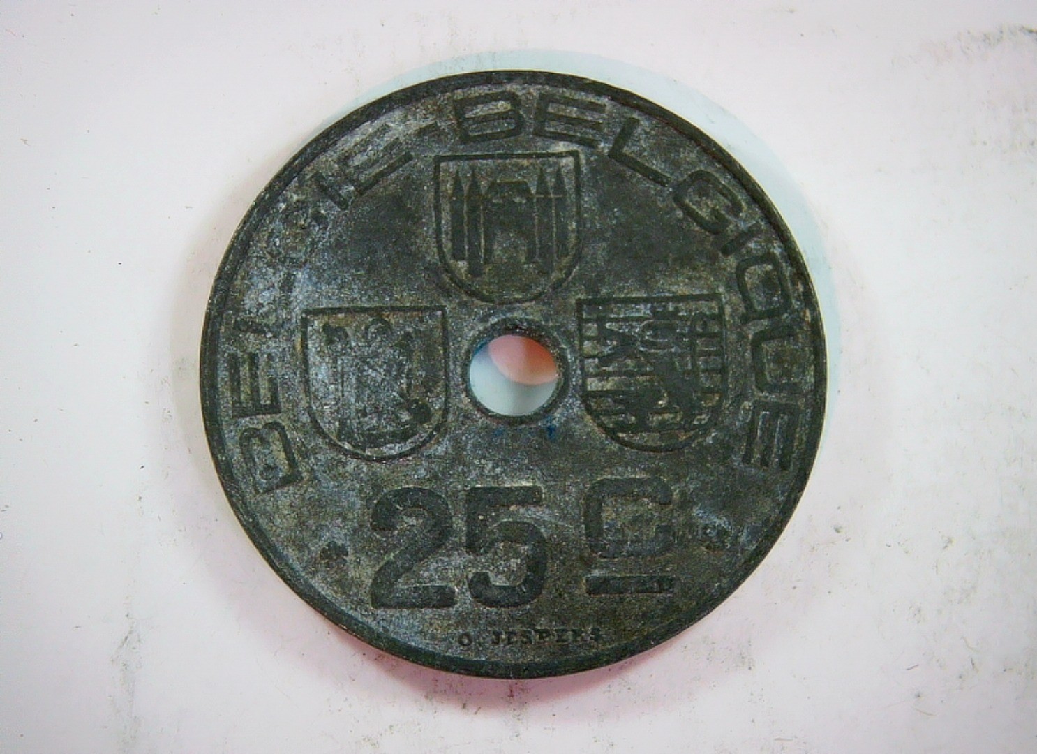 Belgium 1943 25 Centimes Belgium 25 Centimes (holed type, WWII era) Coin