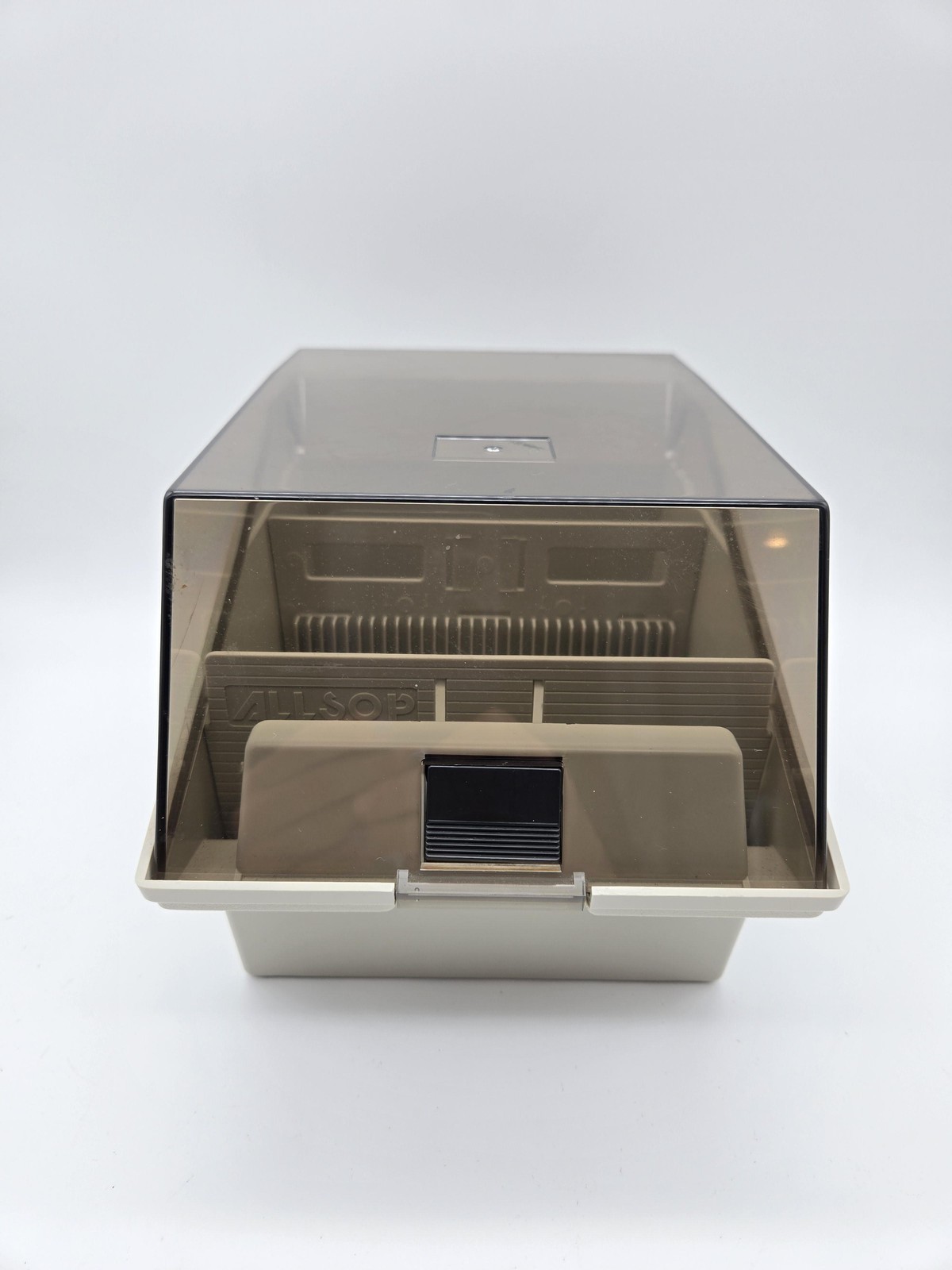 Vintage Allsop 3.5in Floppy Disk Storage Box Organizer Case Smoke Lid Beige