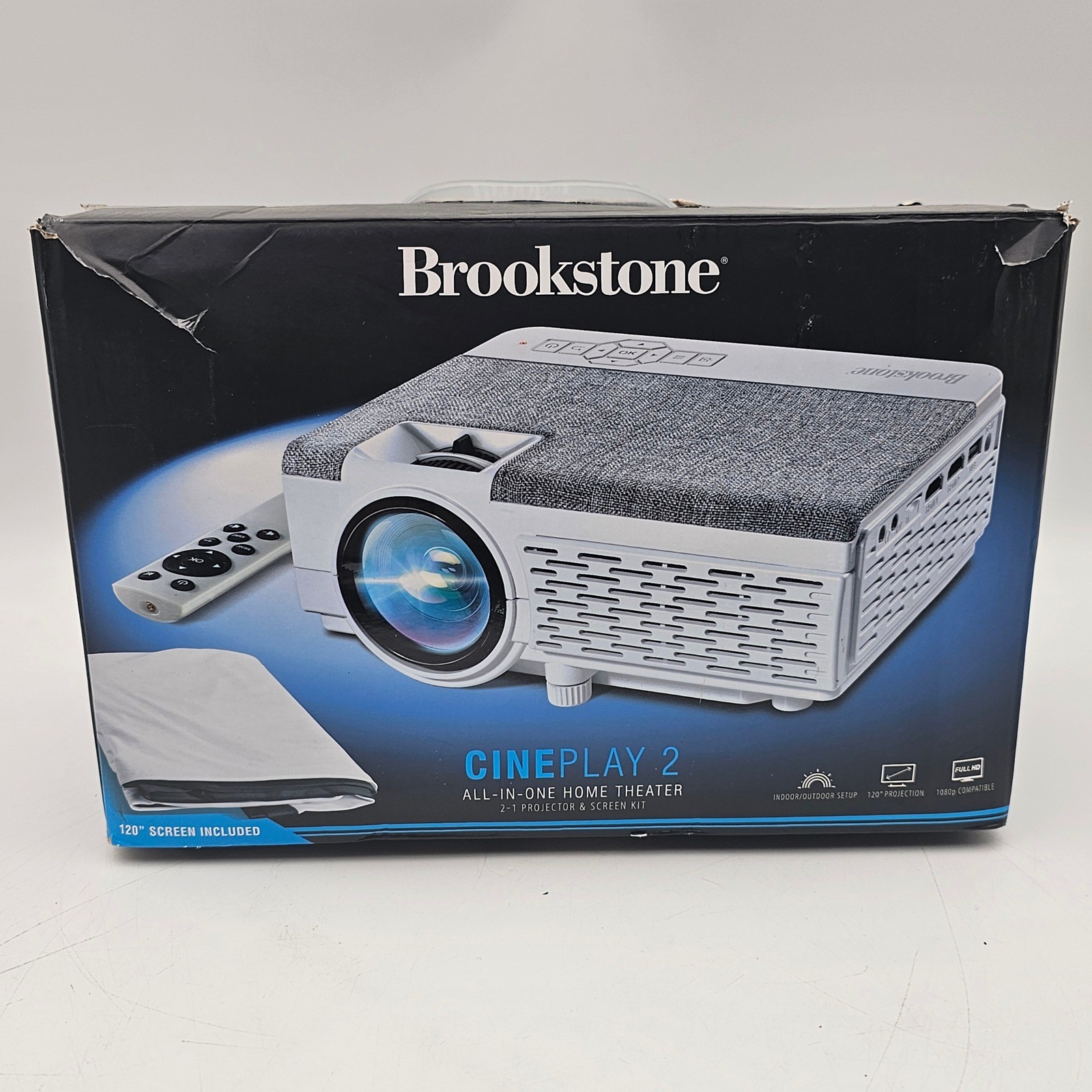 Brookstone CinePlay 2 Home Theater Projector & 120in Screen Kit BSPJ4805KITWH