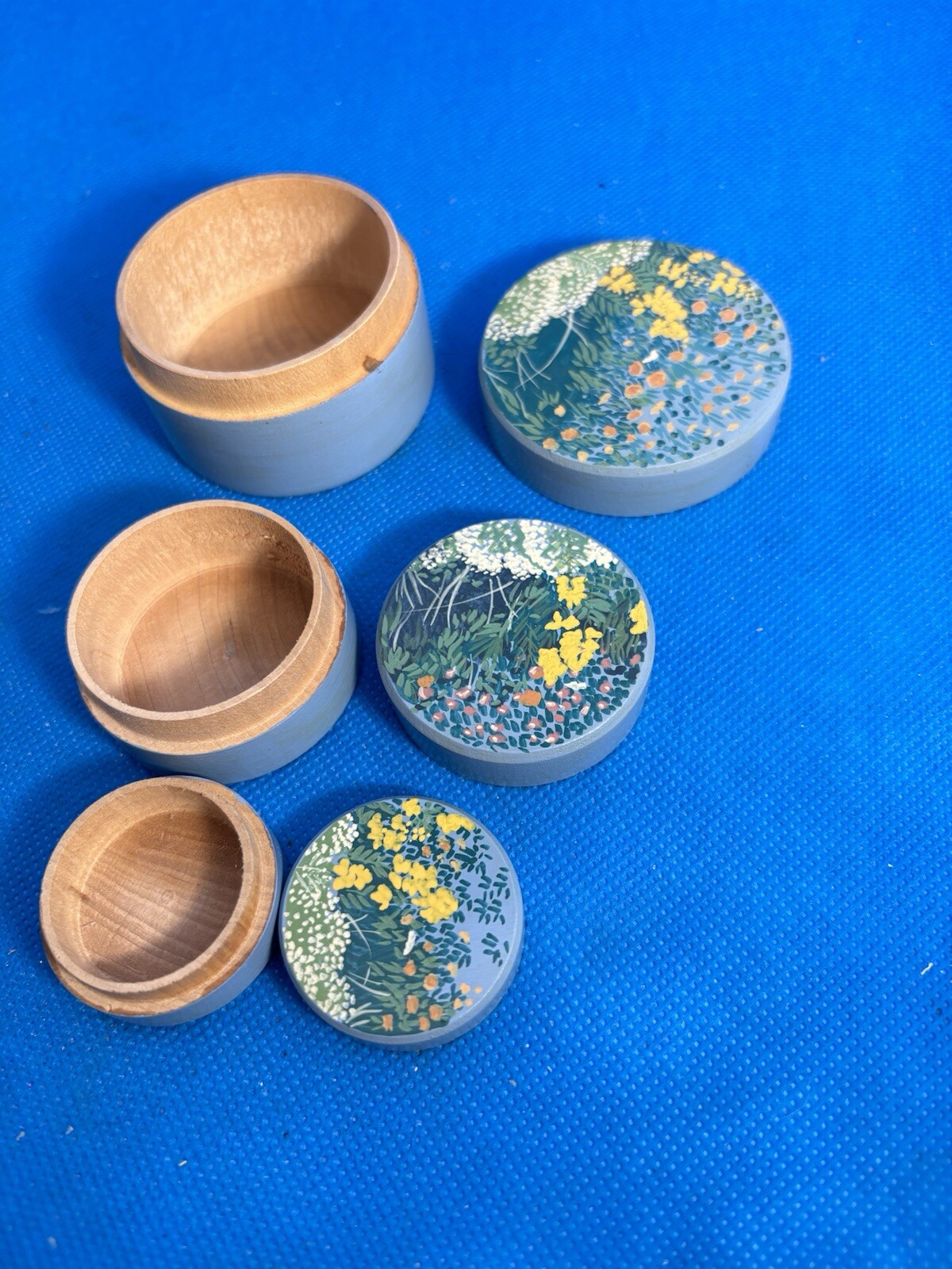 Nesting  Trinket Boxes Blue Wood Floral 3 Boxes Small 2 1/2”