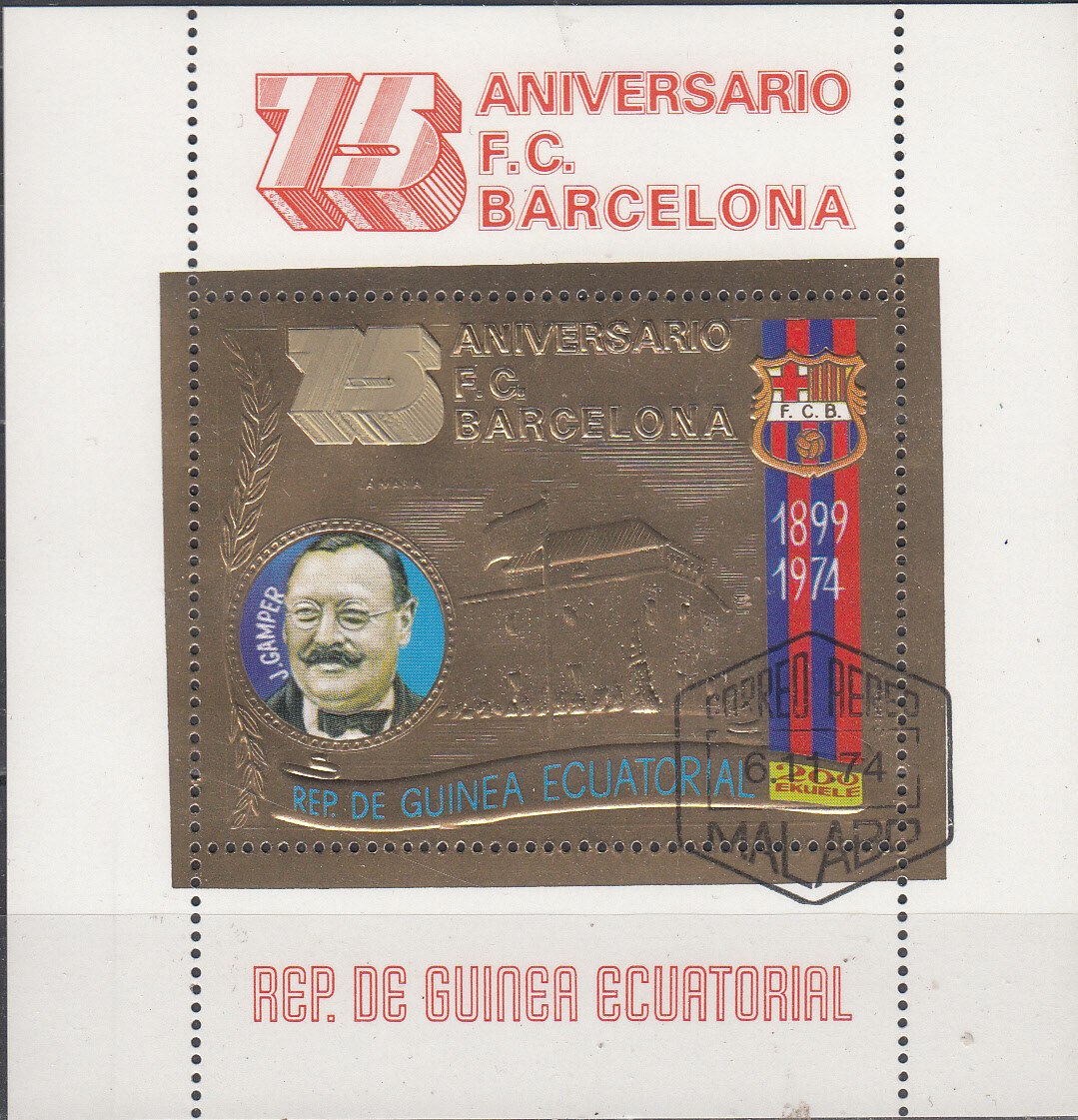 W EQUATORIAL GUINEA 0454-B137A U F.C. BARCELONA WORLD FOOTBALL CUP PERF GOLD SS