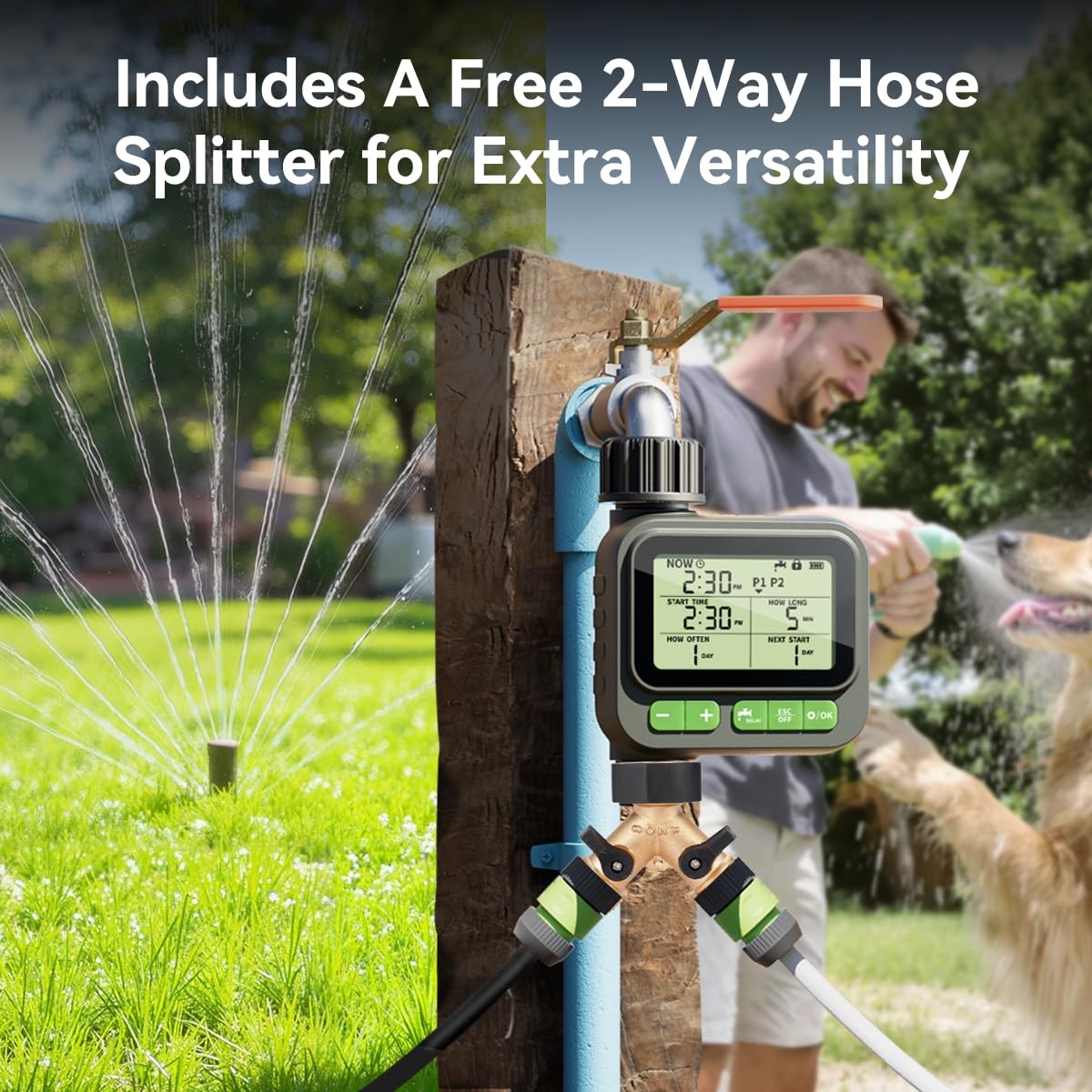 VODESON Sprinkler Timer System w/Brass Splitter|Programmable Stand, Green