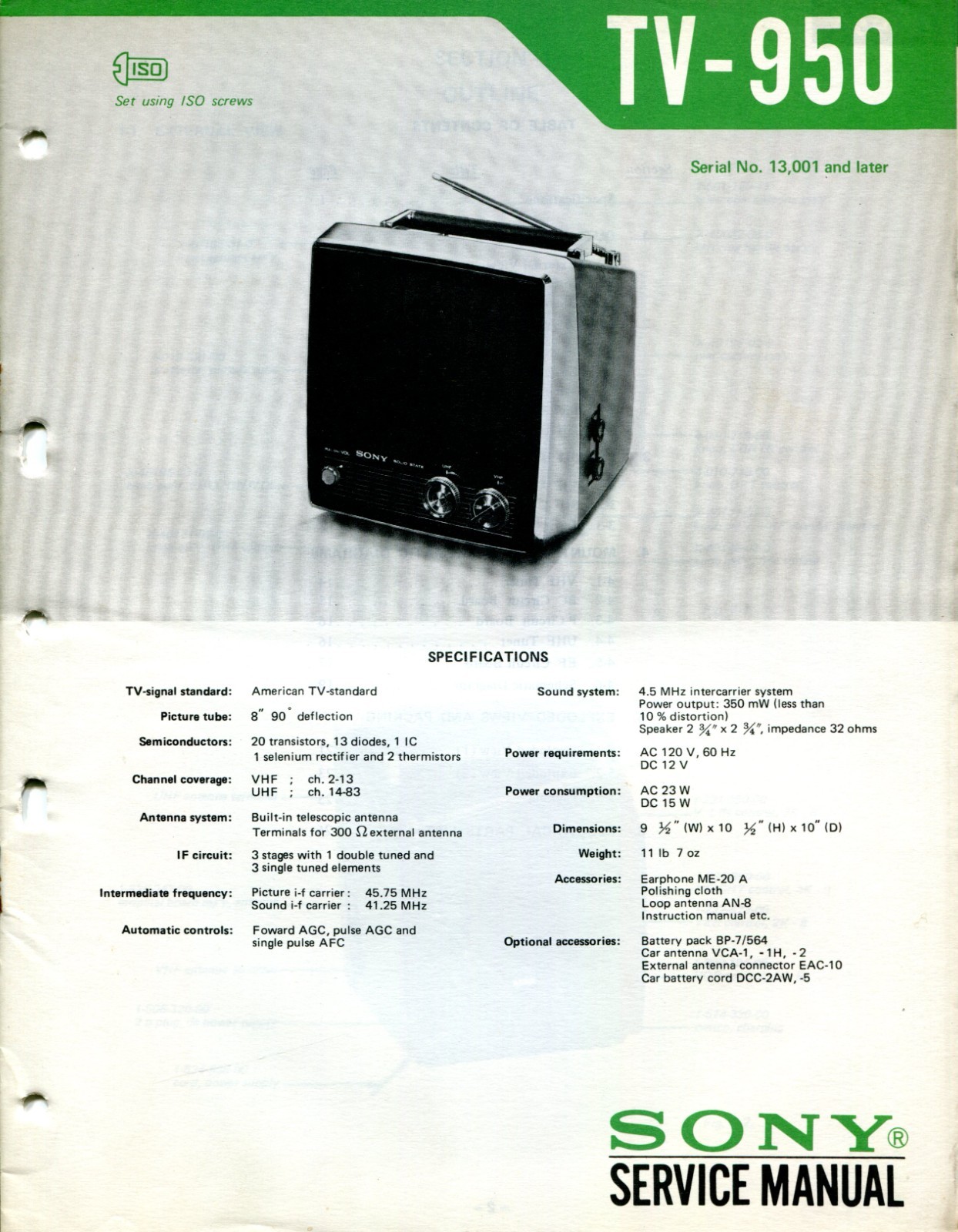 Sony TV-950 Television Electronic Service Manual SN 13001 & Later