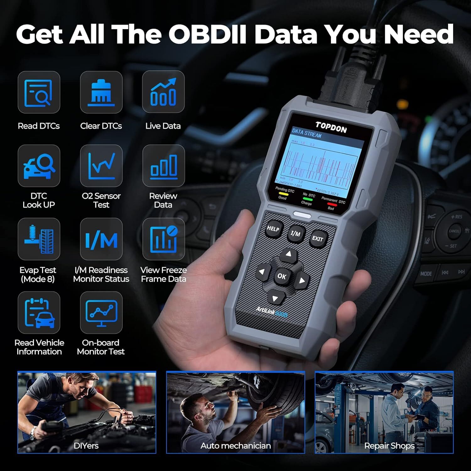TOPDON AL500B Car Code Reader Diagnostic Tool OBD2 Scanner & Auto Battery Tester