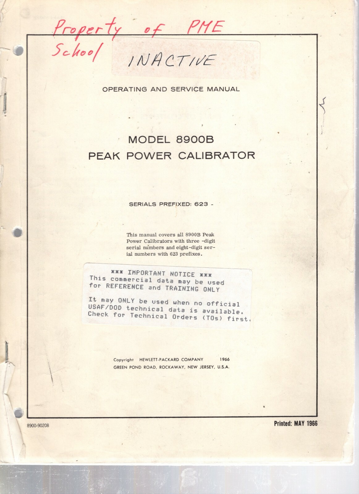 Original Hewlett Packard Peak Power Calibrator 8900B Operating&Service Manual