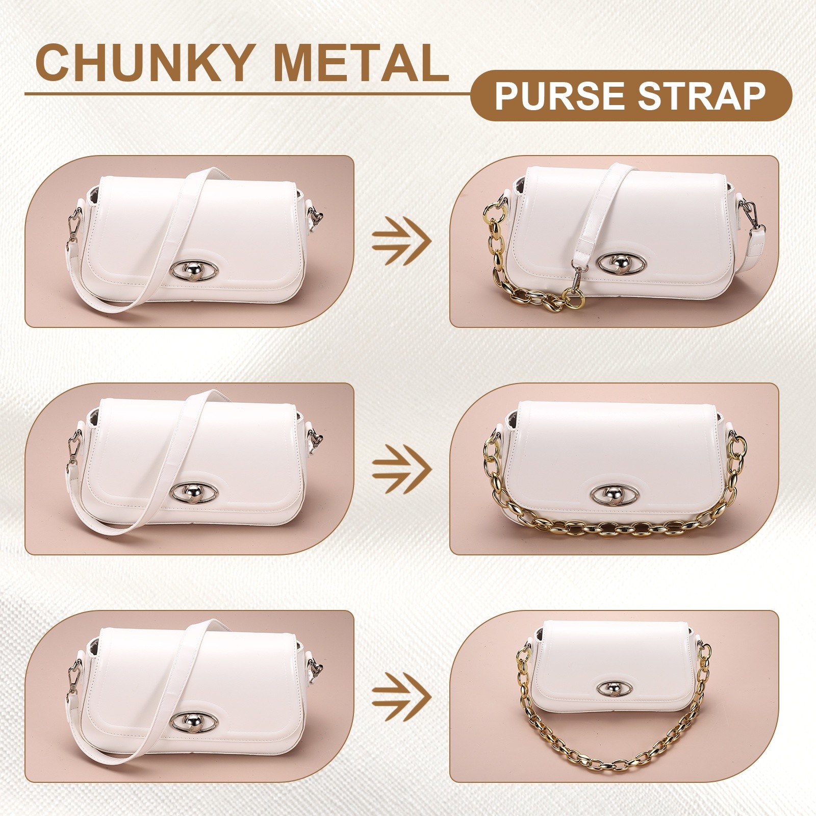 16" Acrylic Purse Chain Handbag Strap with Buckle, Light Gold, 0.8" Width