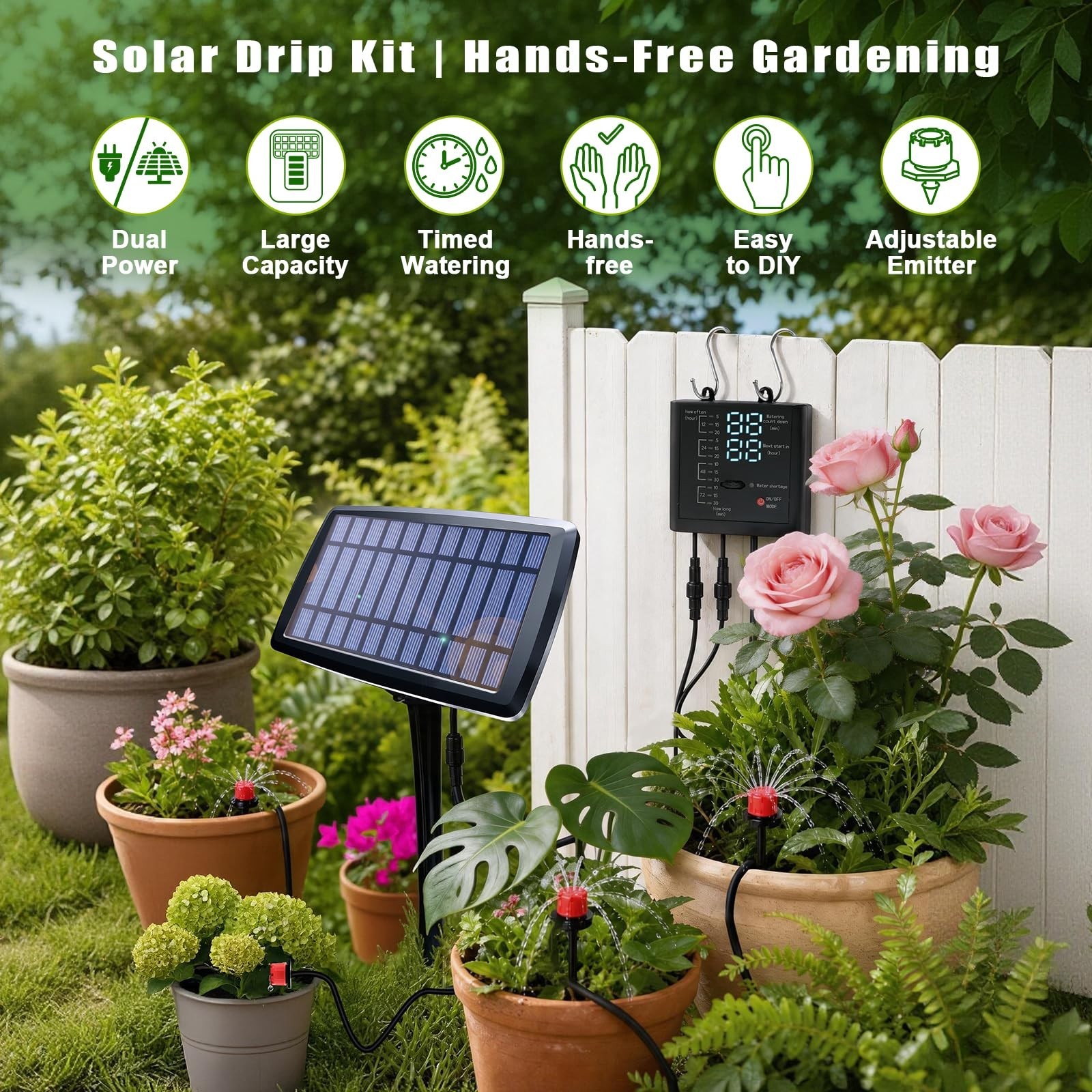 Solar Drip Irrigation System - Auto Watering Kit for 15 Pots, 49FT Hose, Timer &