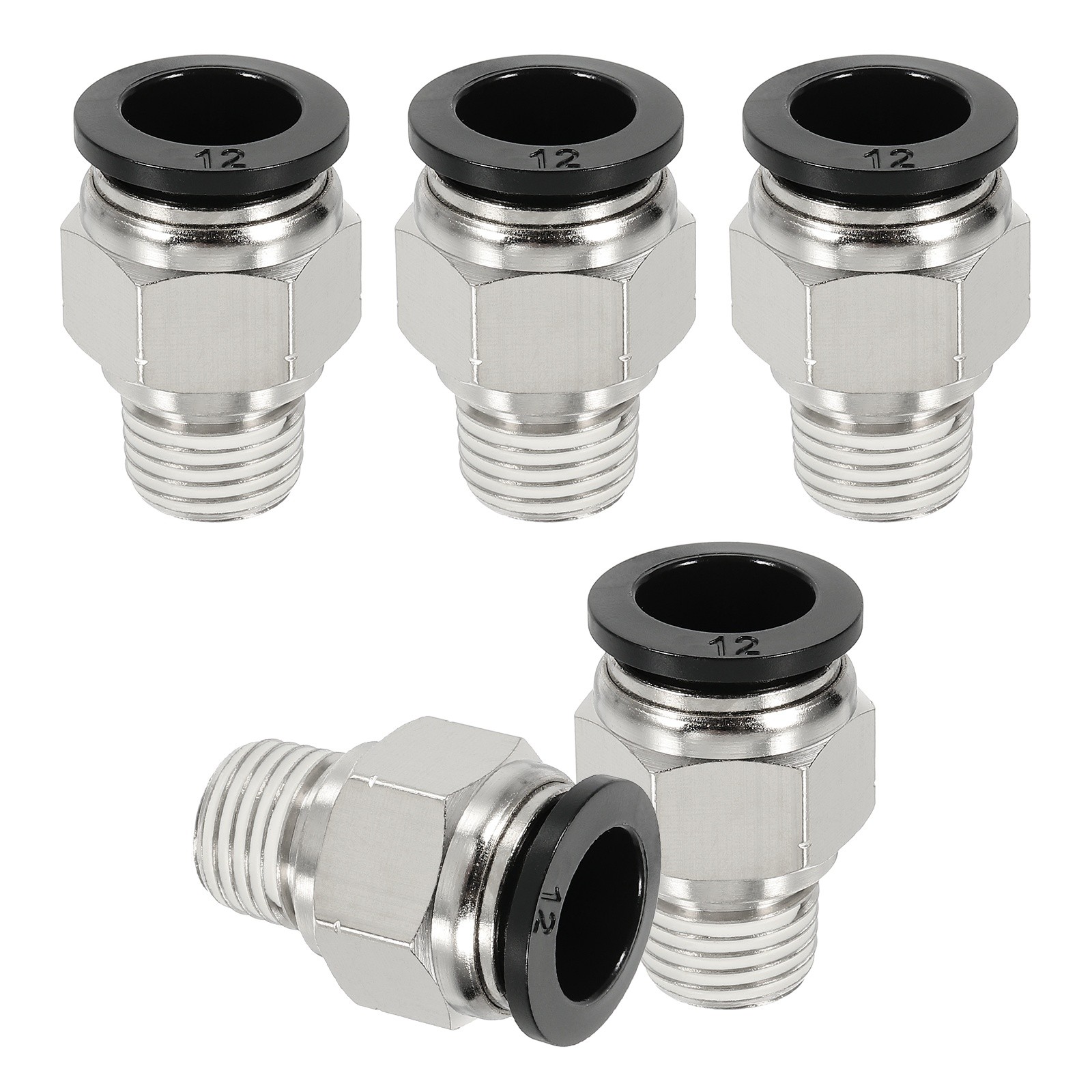 5 Pcs NPT Male 12mm Tube OD x 1/4" NPT Thread Push to Connect Fittings, Black