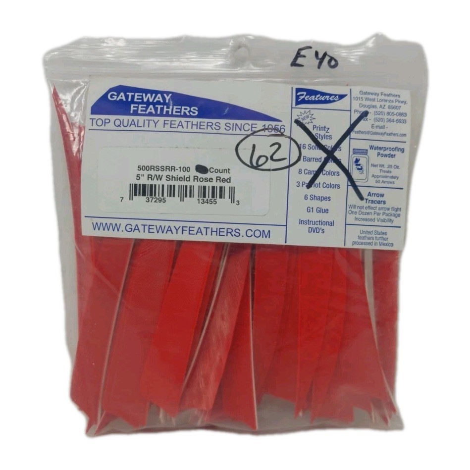 62 Count Gateway Archery Arrow Feathers 5" Right Wing: Shield Rose Red