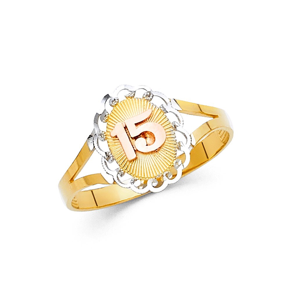 14k Real Solid Tri Tone Gold 15 Anos Quinceanera Anillo Ring