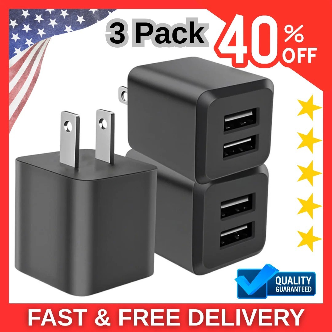 3-Pack Dual USB Wall Charger Cube Power Adapter – Black Fast Charging