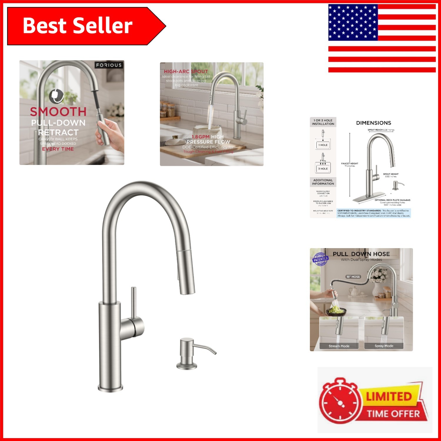 Versatile Brushed Nickel Kitchen Faucet with Pull Down Sprayer & Soap Dispenser