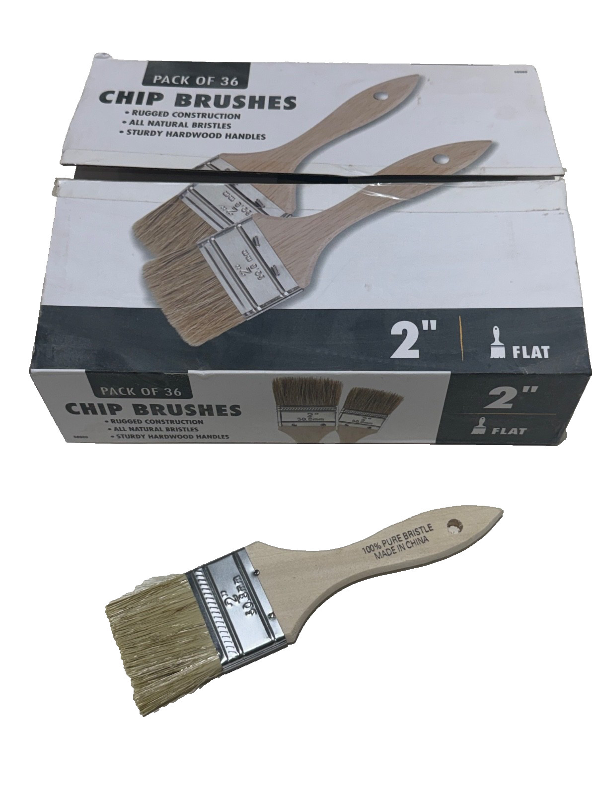 LOT of (36) 2” CHIP BRUSHES, ALL NATURAL BRISTLES, for PAINTS, STAINS, GLUES ETC