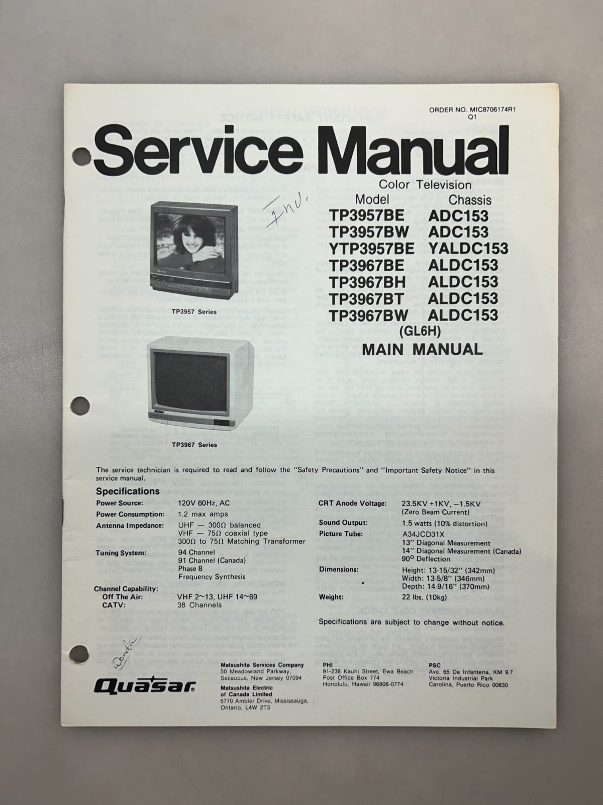 Quasar TP3957BE TP3957BW YTP3957BE Original Service Manual Free Shipping