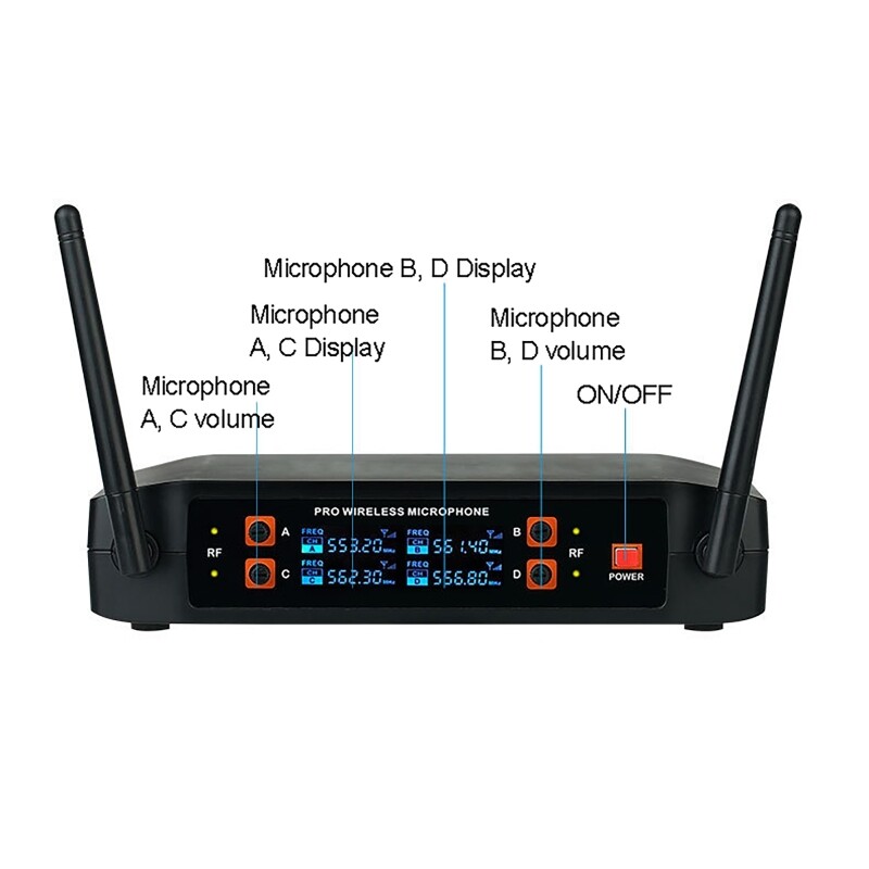 Professional 4 Channel VHF Wireless Four Microphone Cordless Handheld Mic System