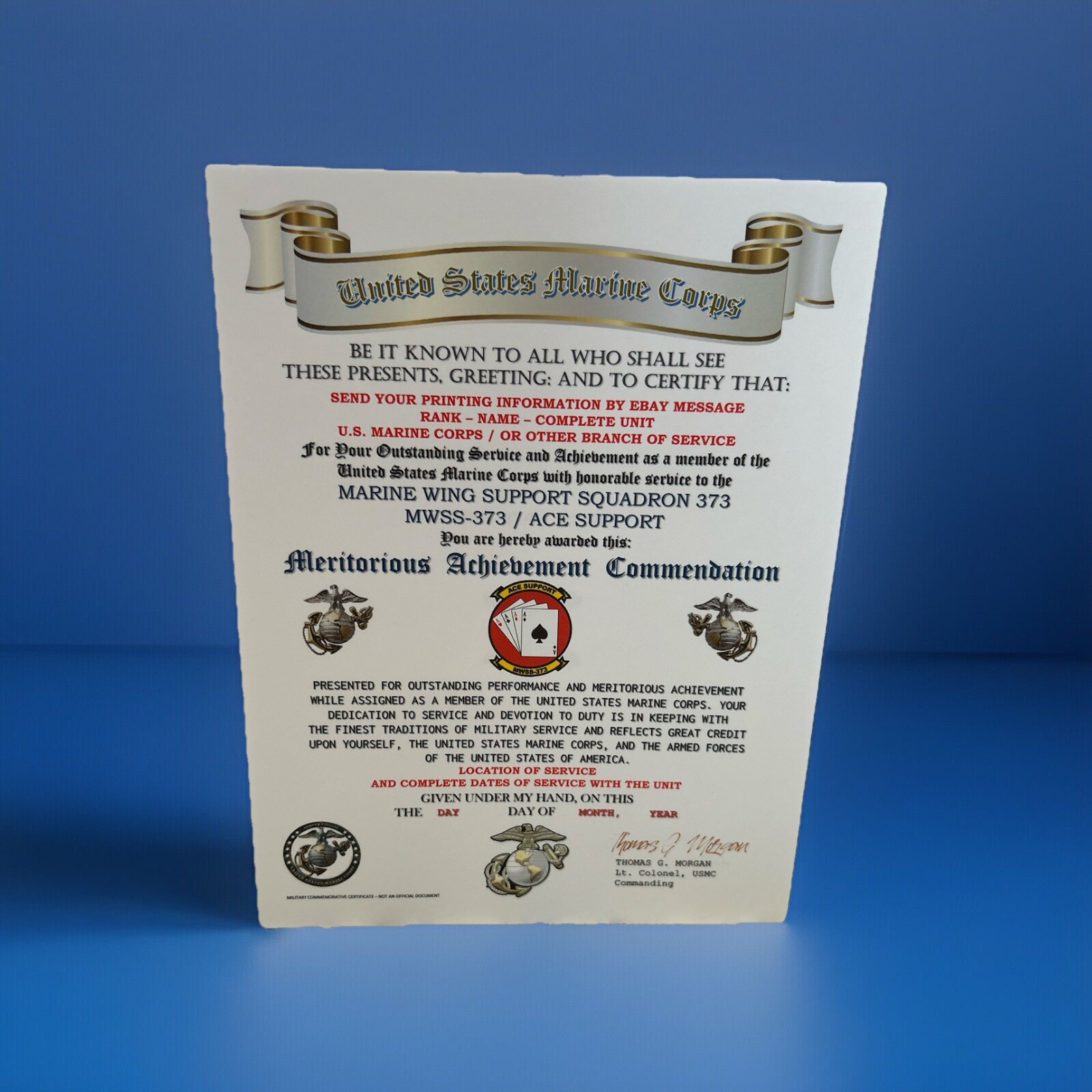 U.S.M.C. / 373RD WING SUPPORT SQUADRON / MERITORIOUS ACHIEVEMENT COMMENDATION