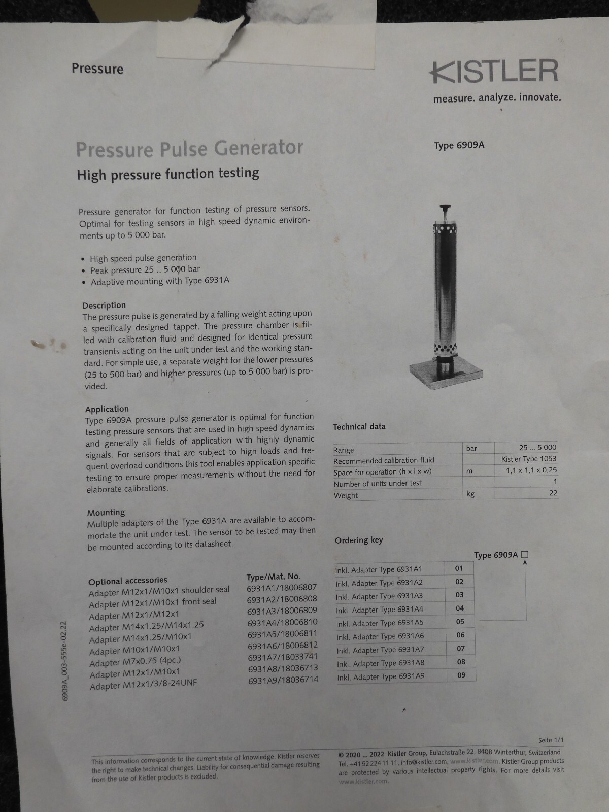 Kistler Type 6909 Pressure Pulse Generator - High Pressure Function Testing PN4