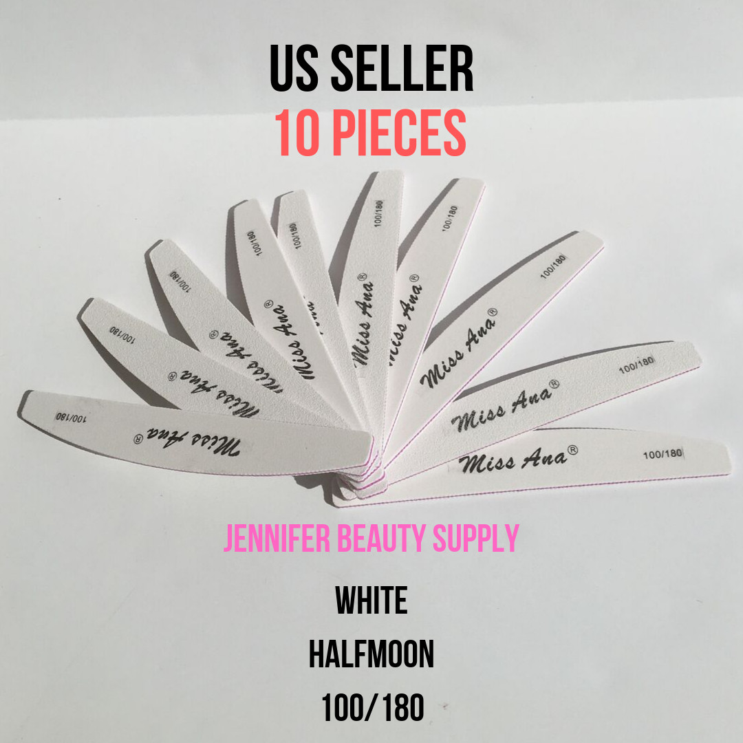 10PCS PROFESSIONAL 100/180 GRIT WHITE HALF MOON NAIL FILES 7x1 | US SELLER