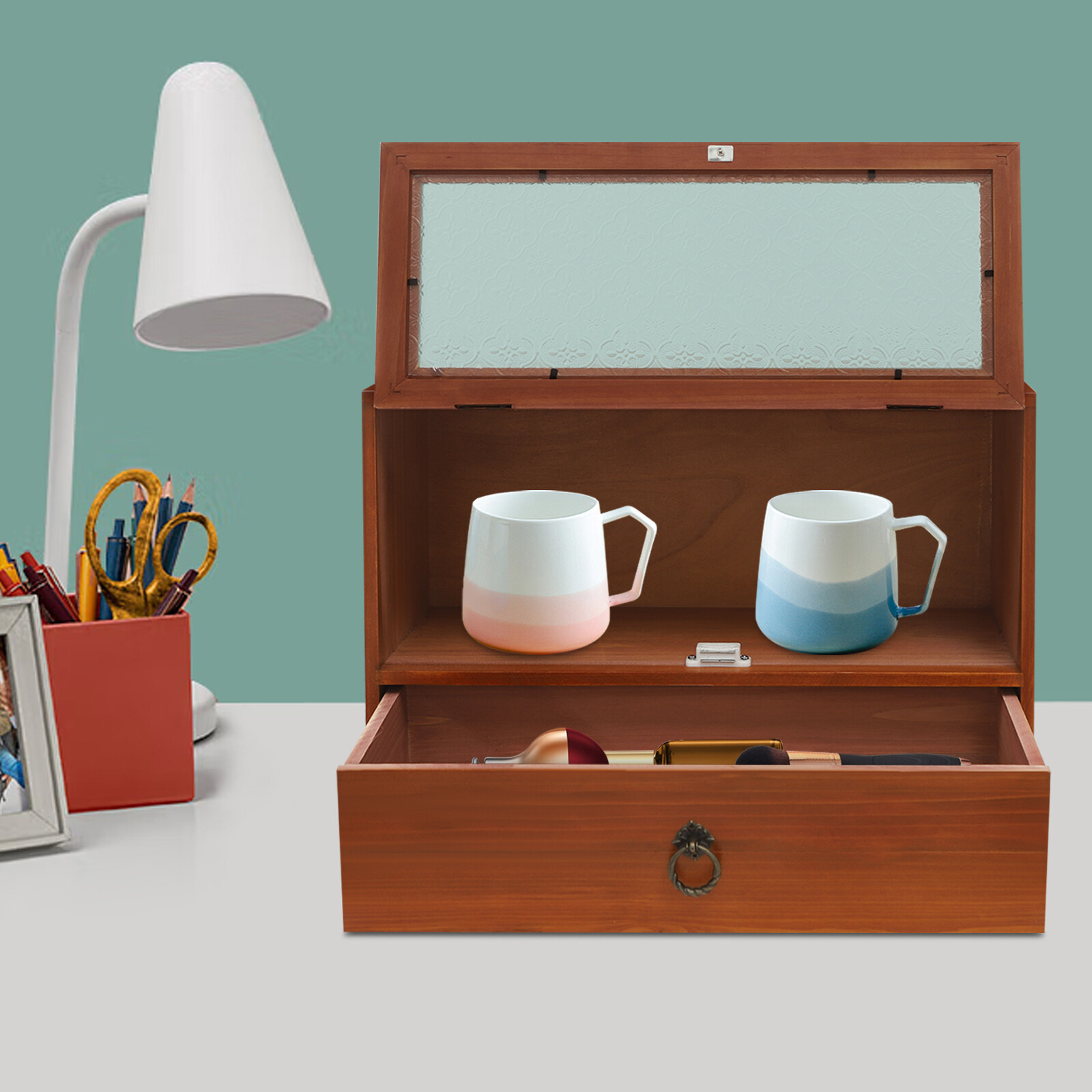 2-tiers Vintage Desk Organizer Tabletop Storage Organization Box For Office