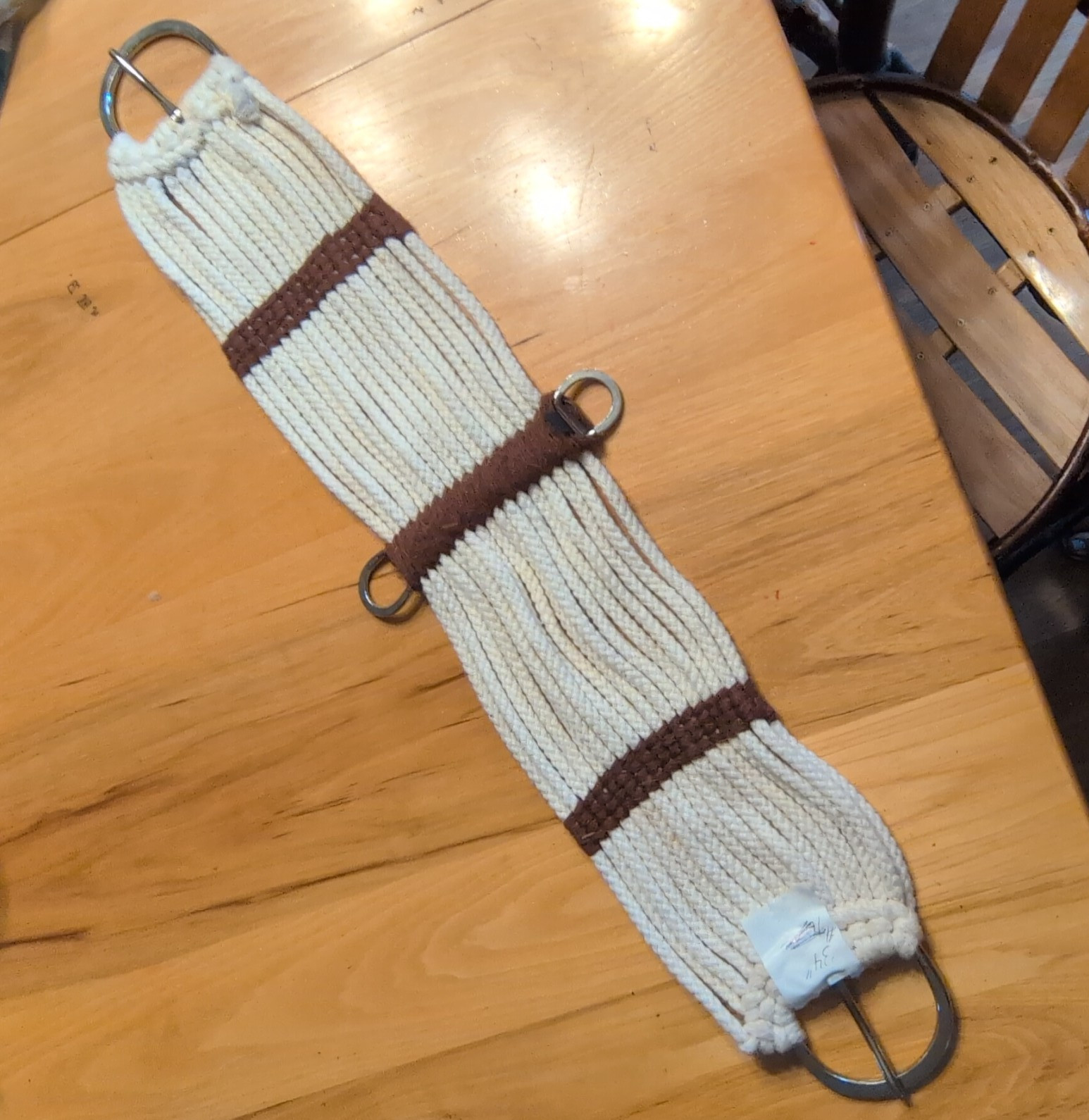 34" White Cotton Rope Horse Cinch w/ Brown Center & Metal Rings Girth