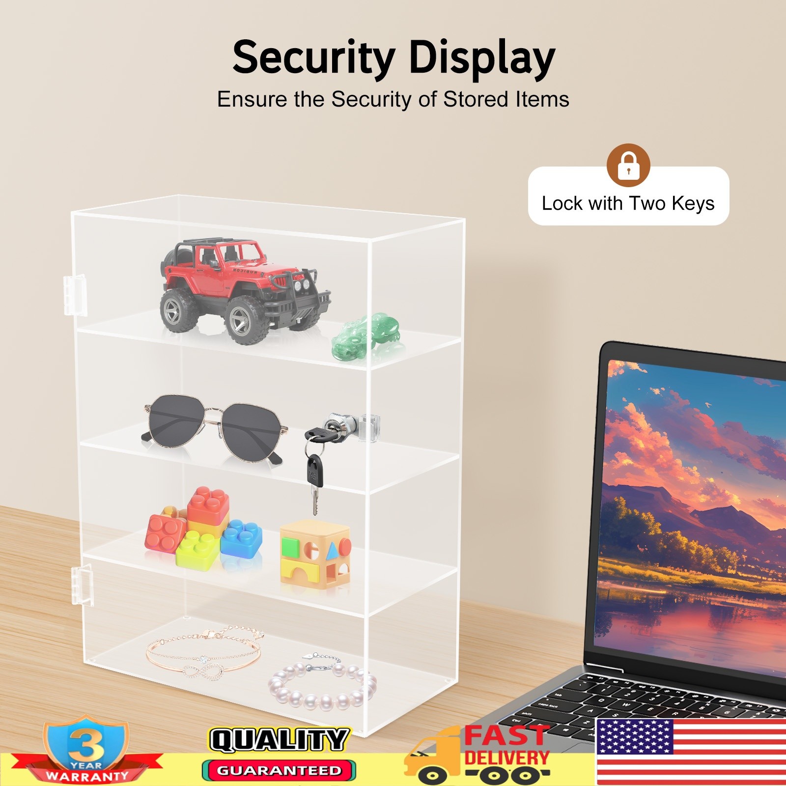 Acrylic Display Case Countertop Clear Box Dustproof Shelves Showcase with Lock