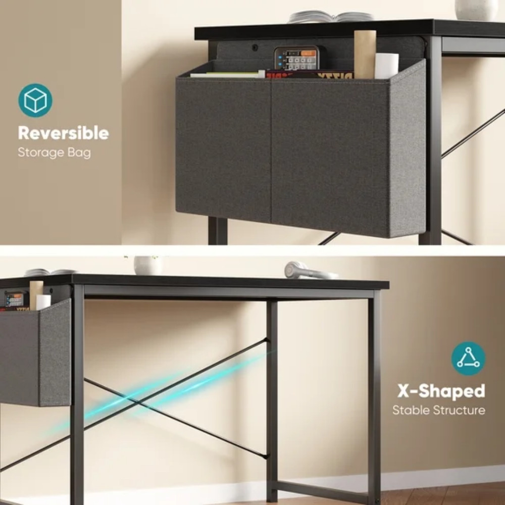 47" Computer Desk with Metal Frame Waterproof Surface and Storage Bag Black