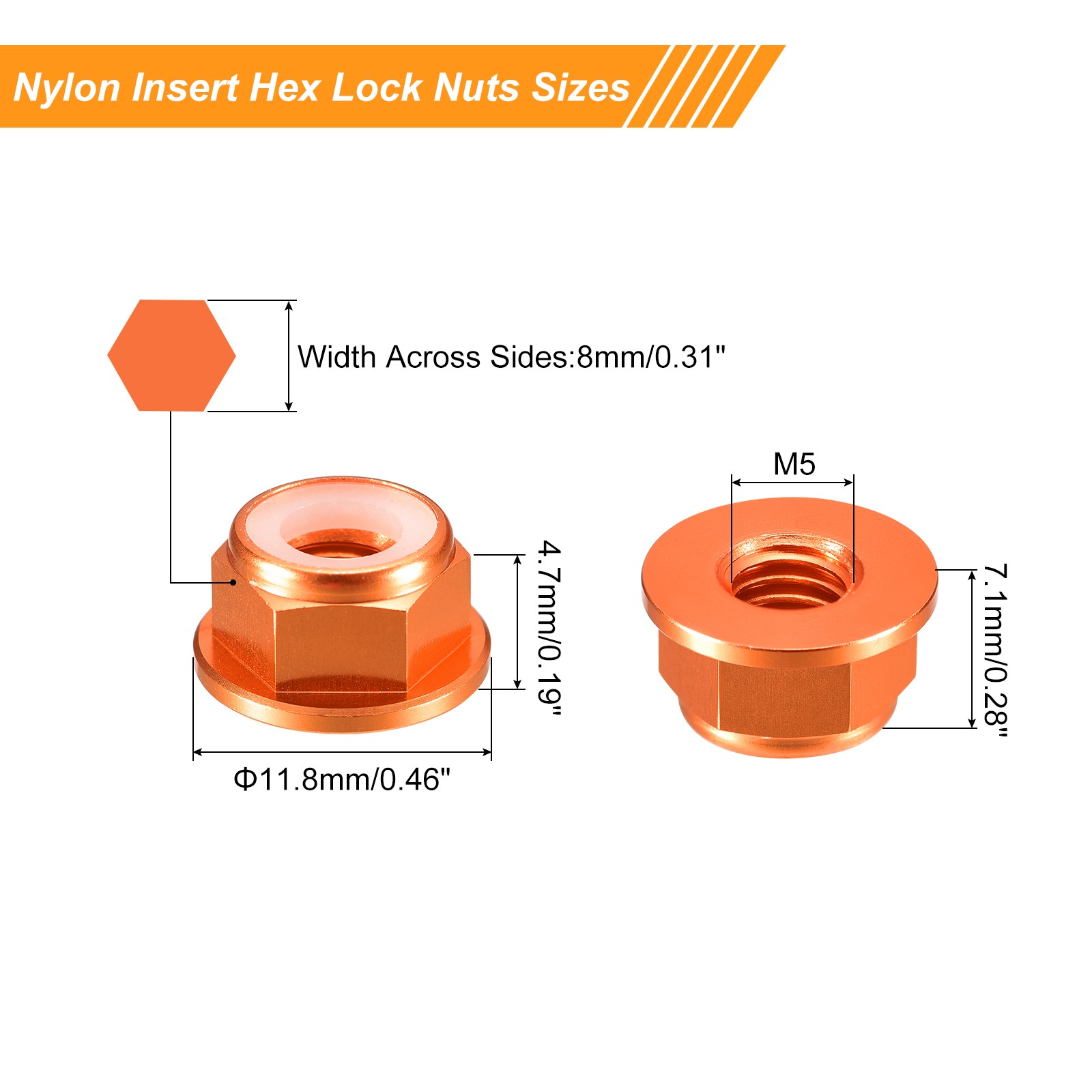 Nylon Insert Hex Lock Nuts, 8pcs - M5x0.8mm Self-Locking Nut(Orange)