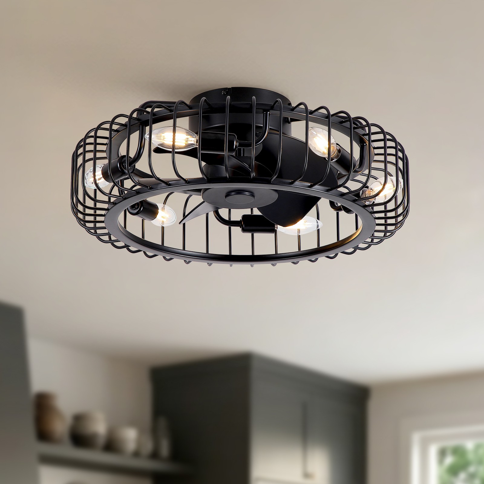20" Black Fan with Lights Low Profile Fandelier for Bedroom Kitchen Dining Room