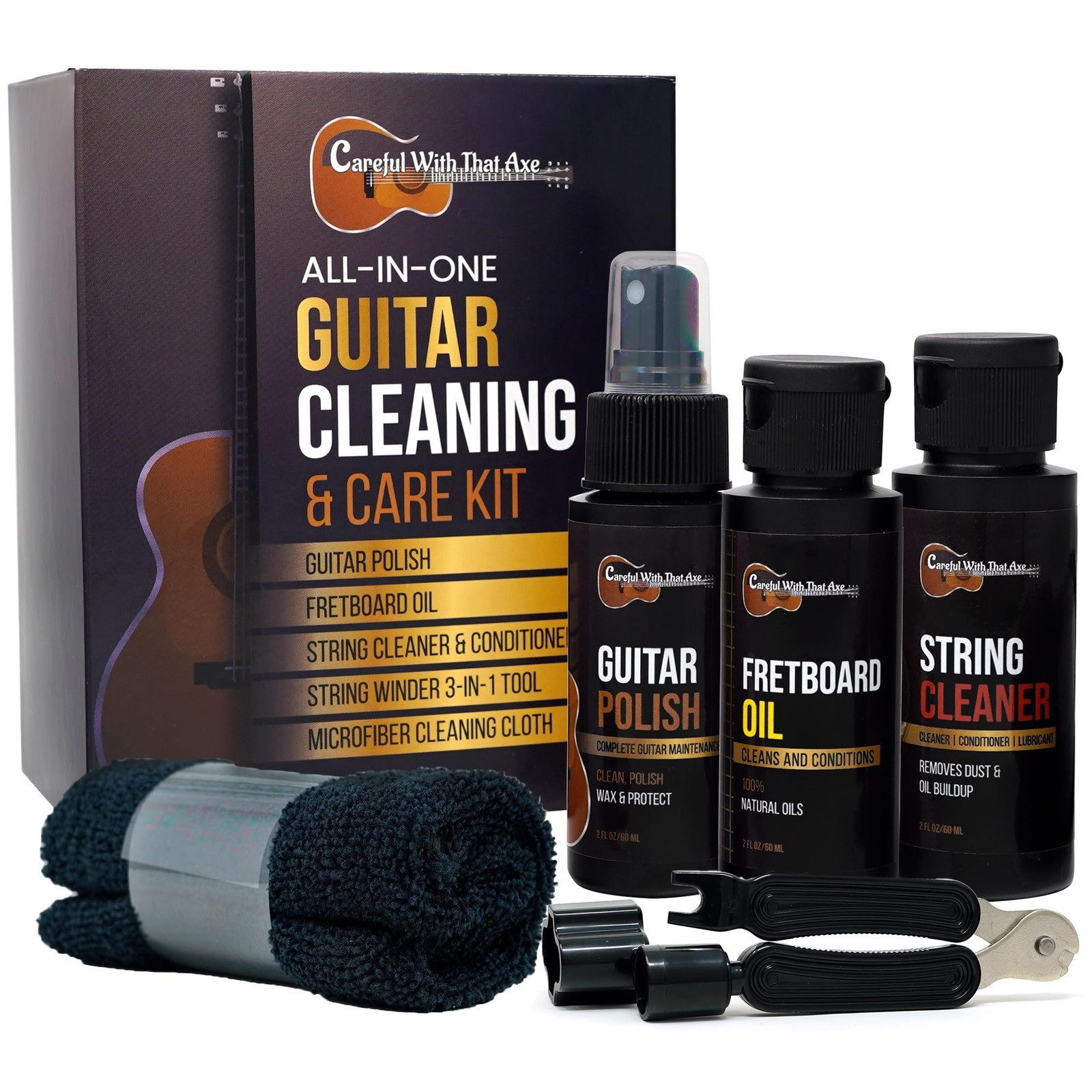 Guitar Care Kit: Cleaner, Polish, Fretboard Oil, String Winder - Cleans &