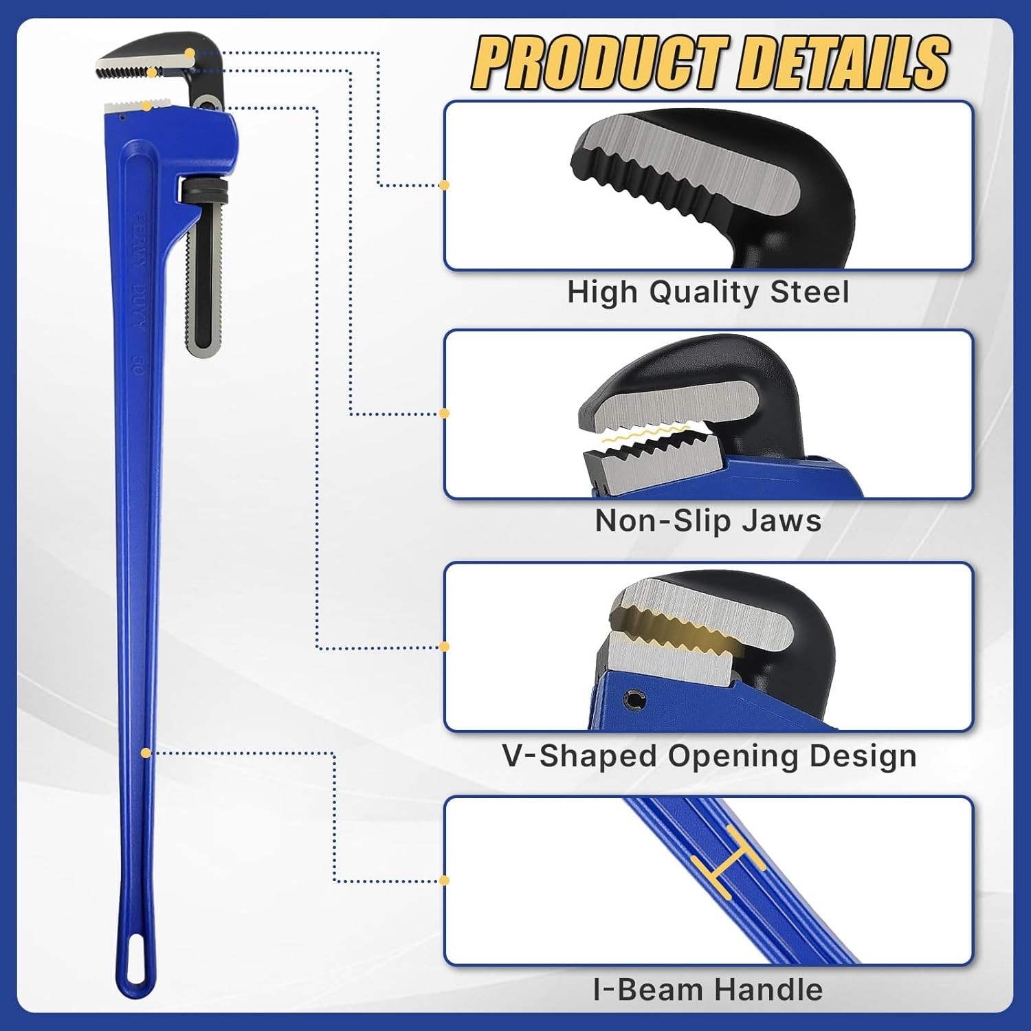 60 Inch Pipe Wrench, Jaw Opening Max 9", Adjustable Plumber Tool , Blue