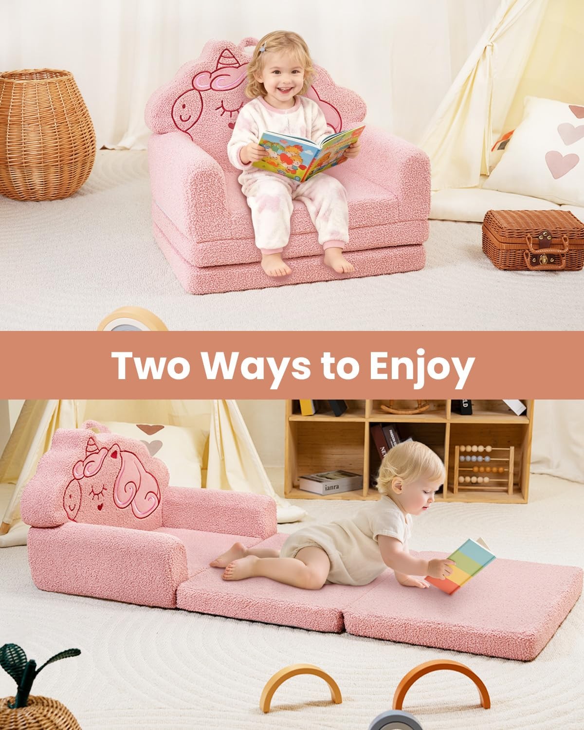 Couch, Convertible Sofa to Lounger Fold Out, Pink Magical Pony Design Chair f...