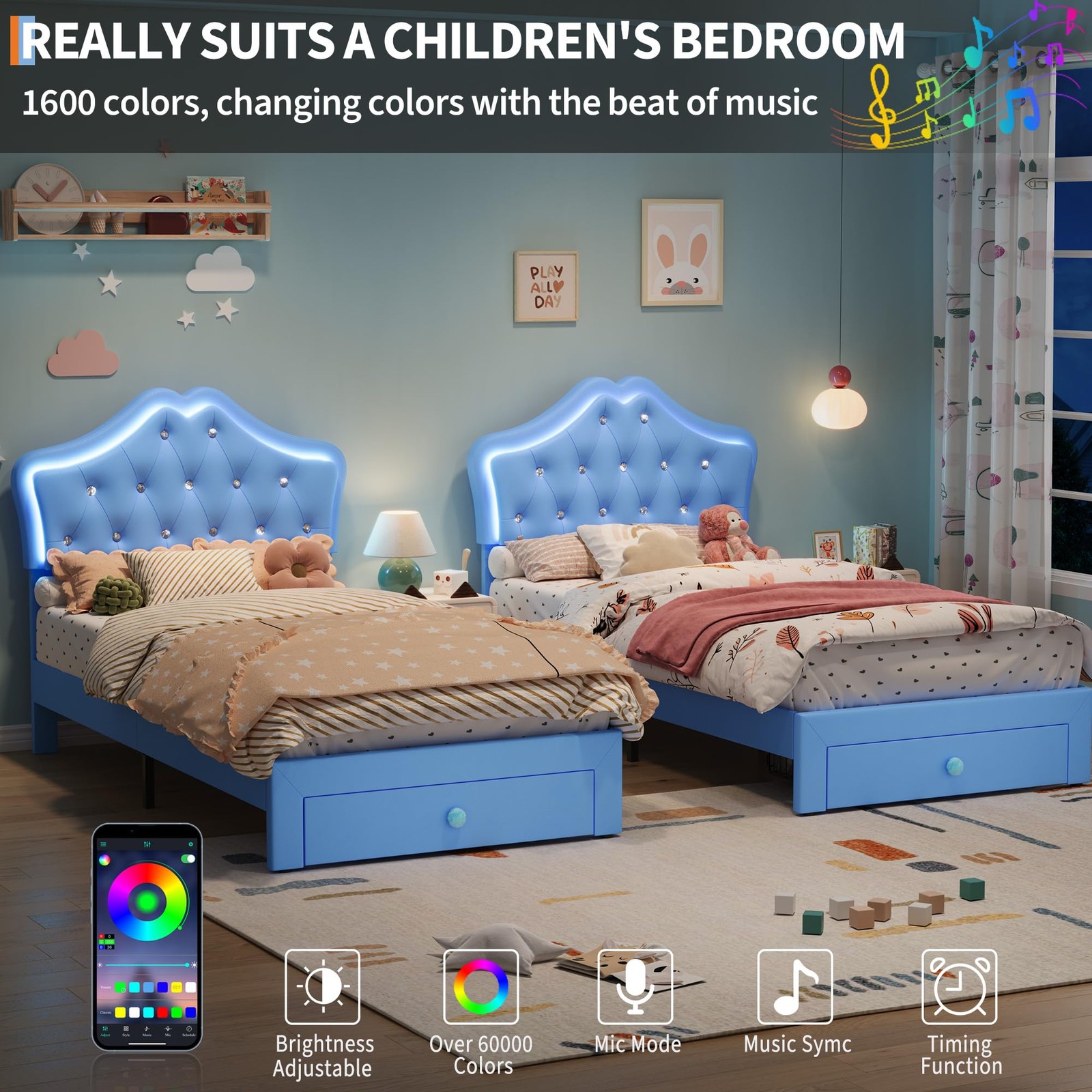 Twin Size Bed Frame w/Velvet Crystal Button Headboard & LED Light Platform ,Blue