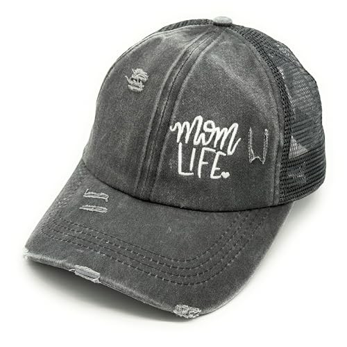Mom Life Embroidered Trucker Hat Vintage Washed Distressed Ponytail Gray