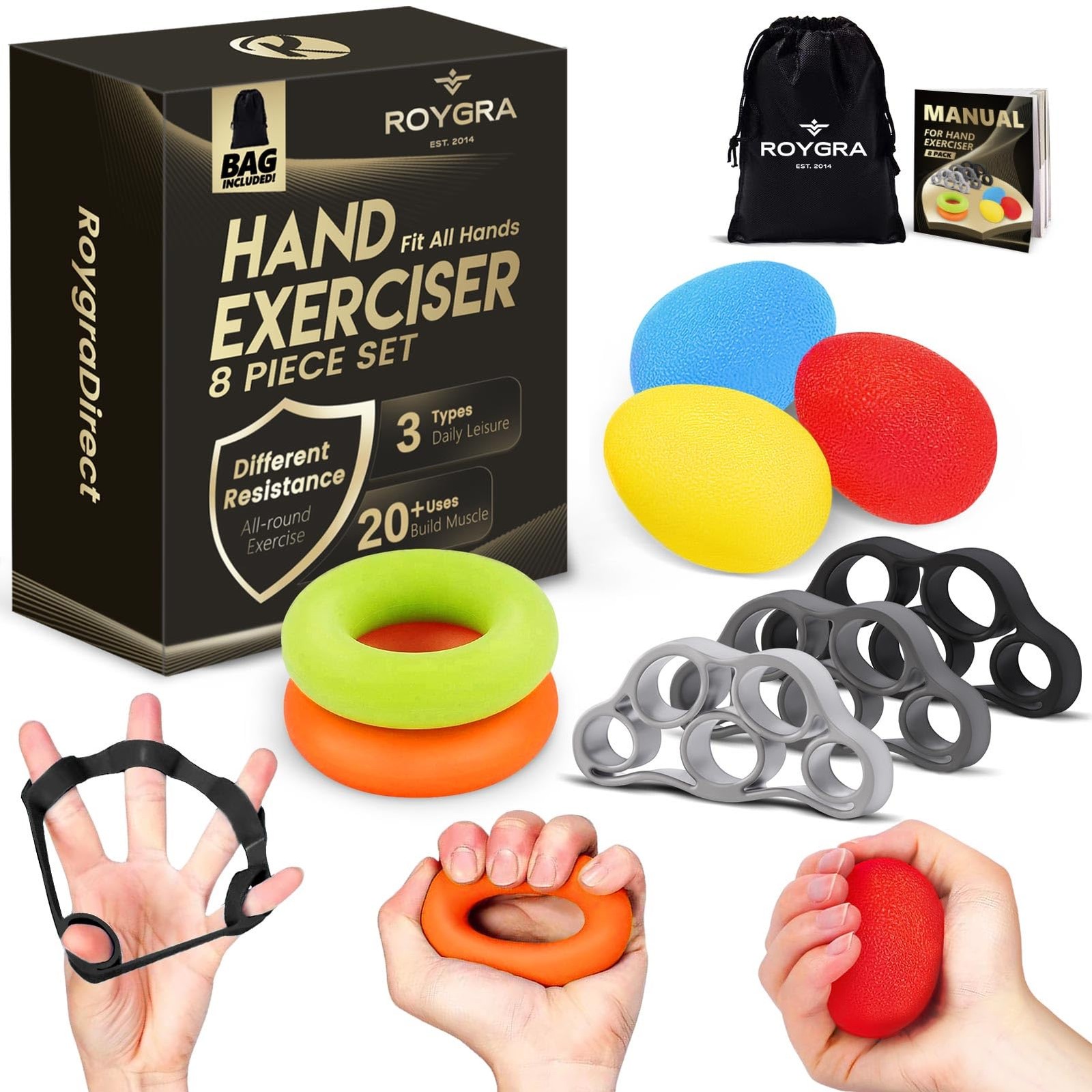 roygra Grip Strength Trainer (8 Pack), Forearm Strengthener, Stress Green